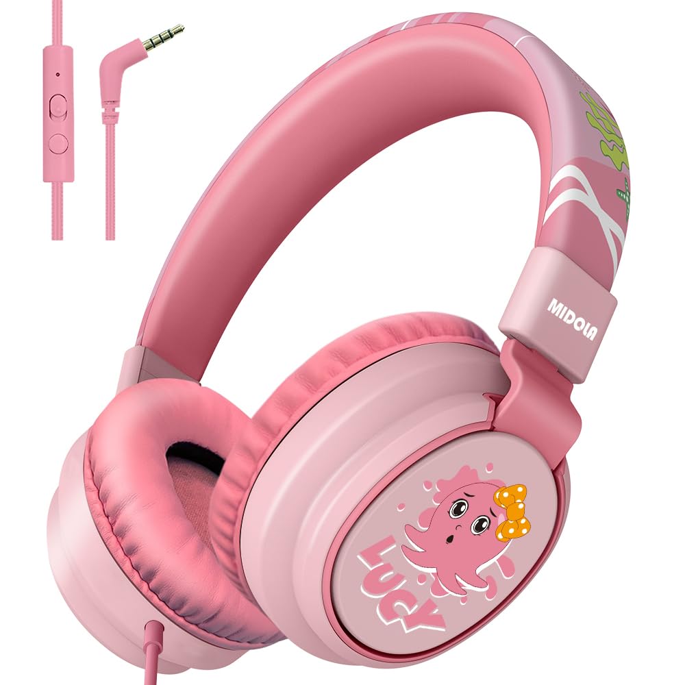 MIDOLA Kids Headphones with Volume Limiter (85/110dB) - Foldable Over-Ear Headset with Built-in Mic & 3.5mm AUX Cord - Safe for Children's Ears - Perfect for School, Travel, Tablet, Laptop & Online Learning (Cartoon Pink)