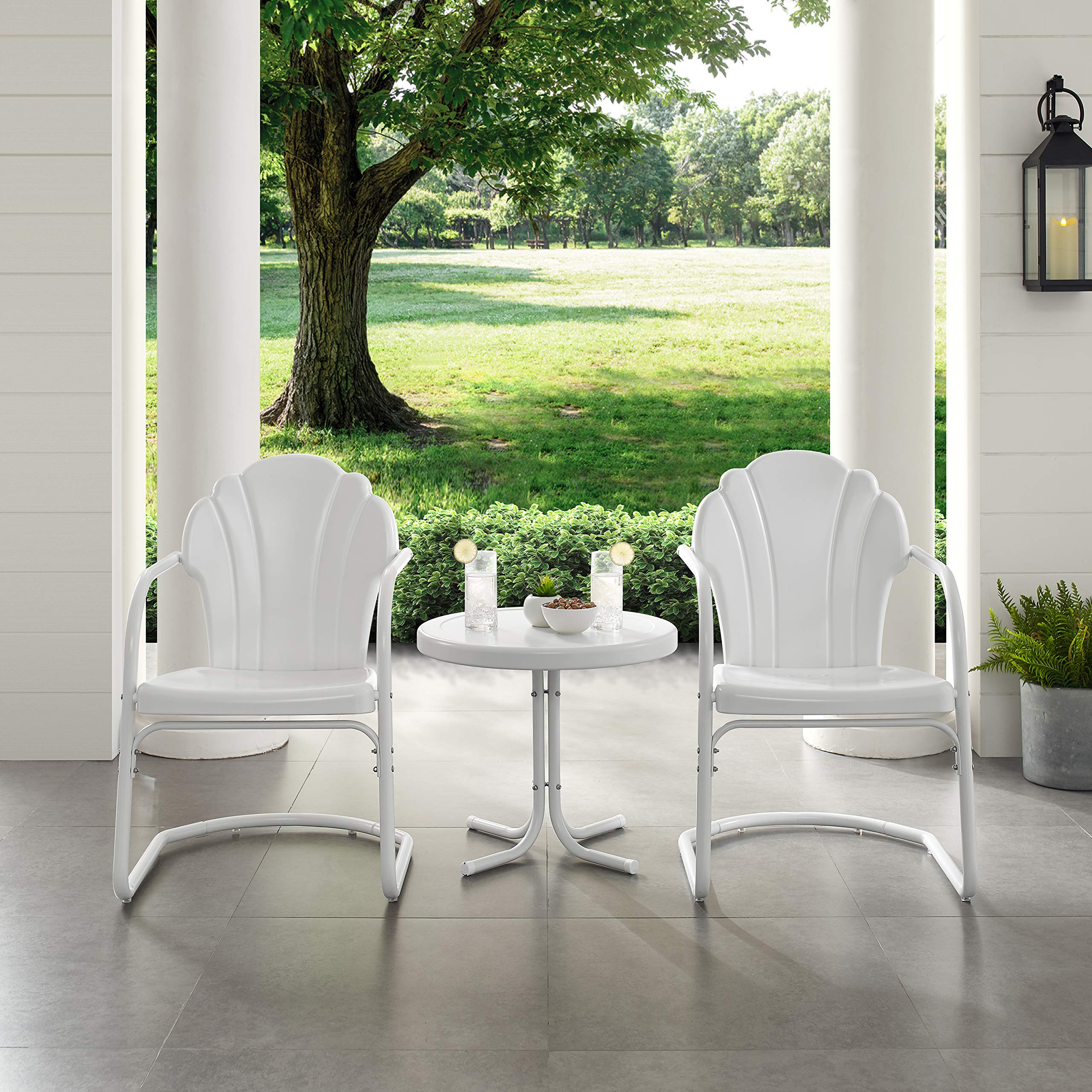 Crosley Furniture Tulip 3-Piece Outdoor Bistro Set - Retro White Metal Patio Chairs with Side Table - Perfect for Garden, Balcony & Backyard Relaxation