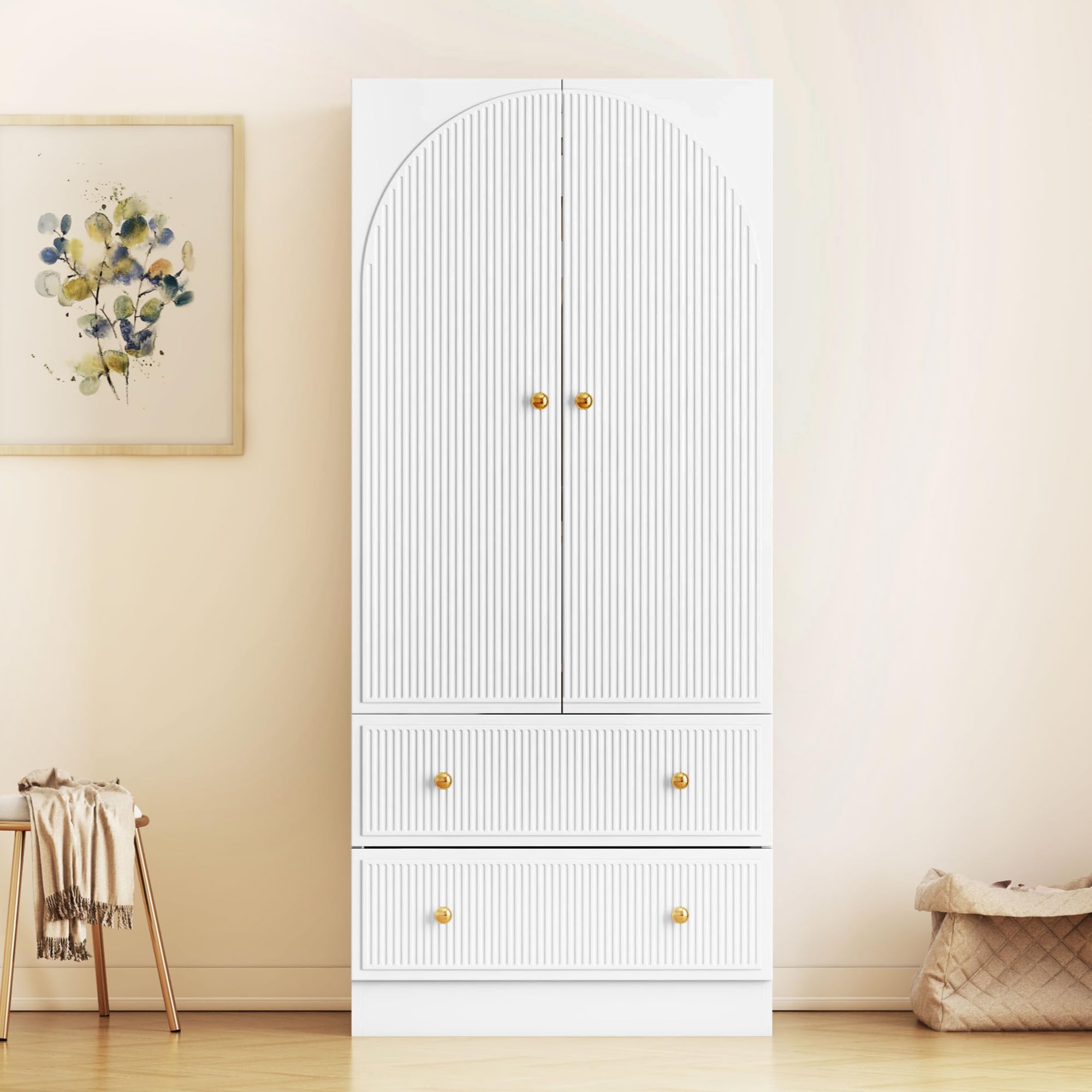 QHITTY Freestanding Bedroom Armoire Wardrobe - White Closet Organizer with 2 Doors, Clothing Rod & 2 Drawers for Clothes Storage | Perfect for Bedroom, Living Room & Dorm Organization