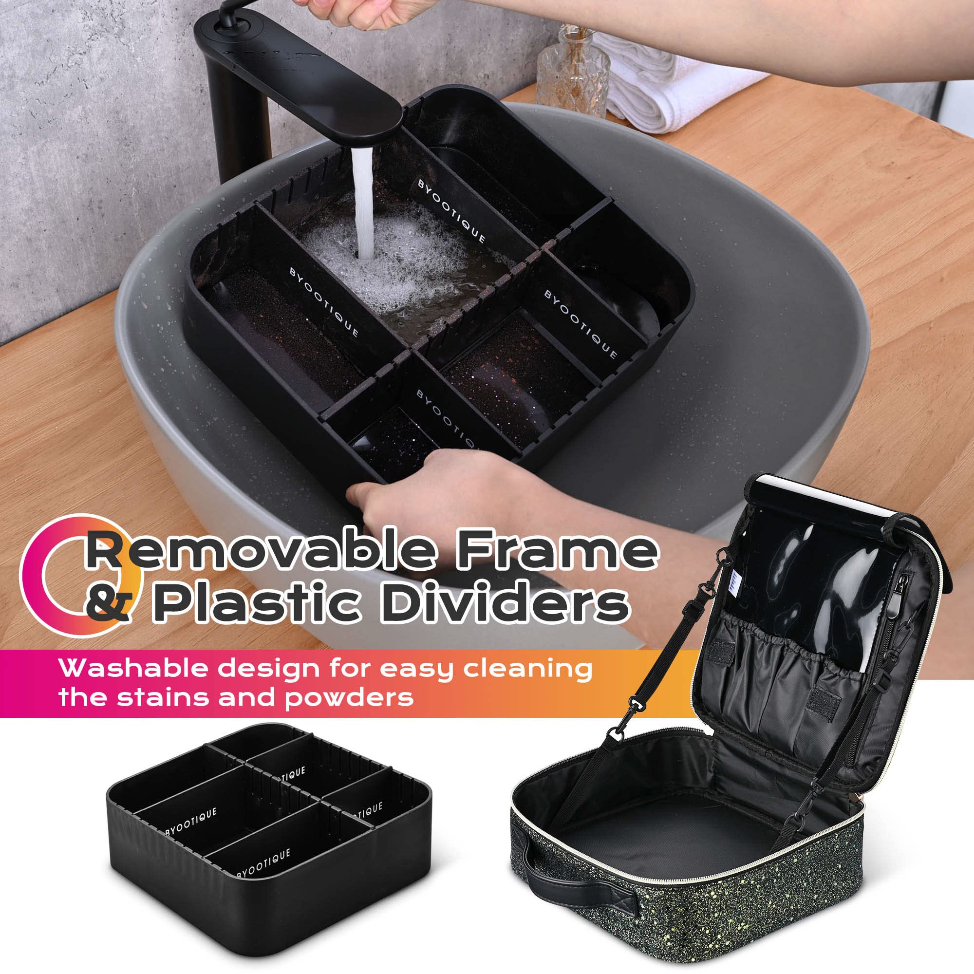 BYOOTIQUE Professional Travel Makeup Train Case with Adjustable Dividers - Sequin Cosmetic Organizer for Lipstick, Makeup Brushes & Toiletries - Glitter Black Makeup Bag for Travel, Home & Salon Use