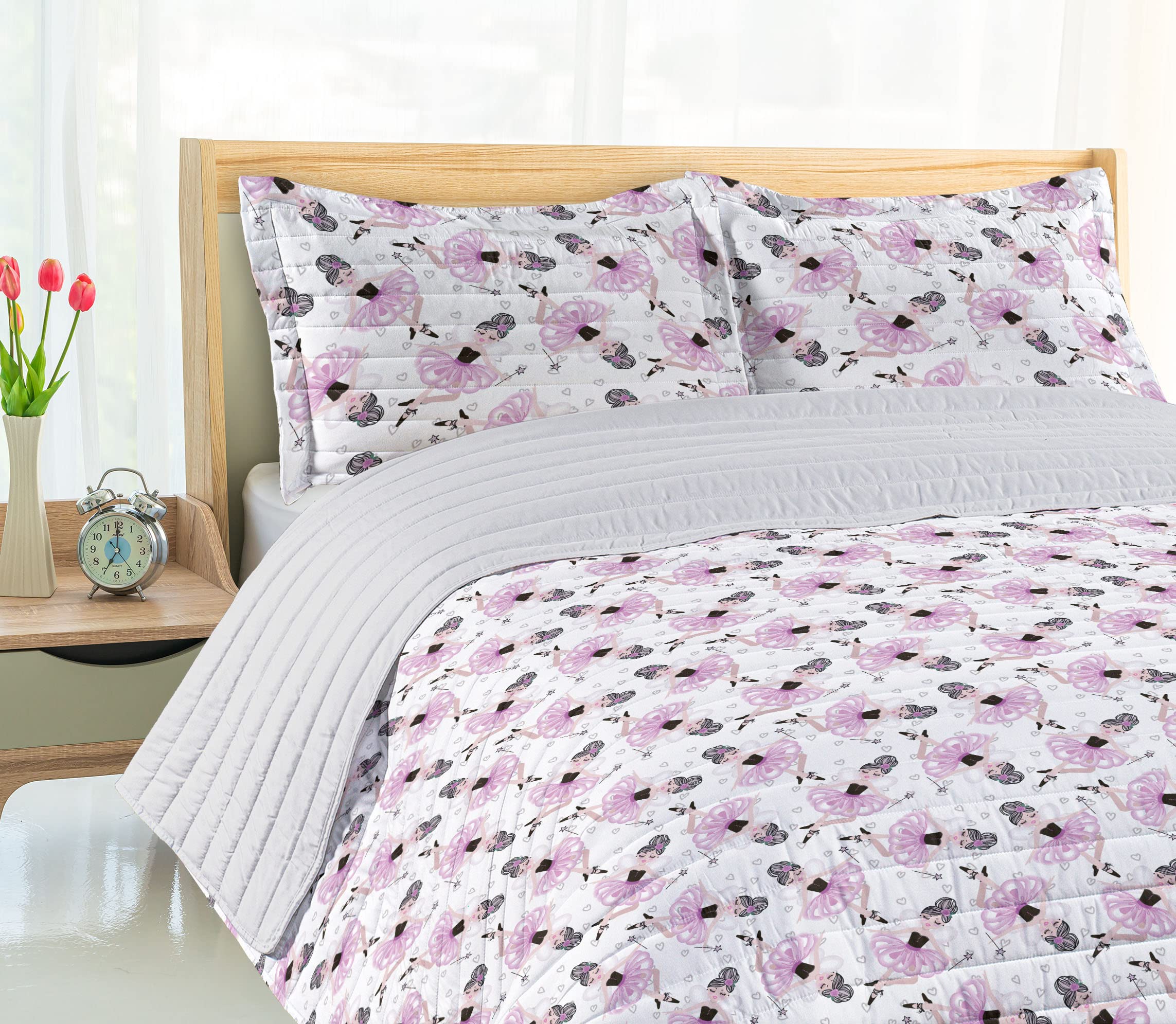 Ambesonne Ballet Themed Microfiber Bedspread Set - Ballerina Character Design with Magic Wand, Soft Cartoon Pattern Fantasy Art Print, Queen Size Bedding Set with Comforter & Pillow Shams in Peach Pink White | Perfect for Girls' Bedroom, Ballet Themed Decor, Gift for Dancers