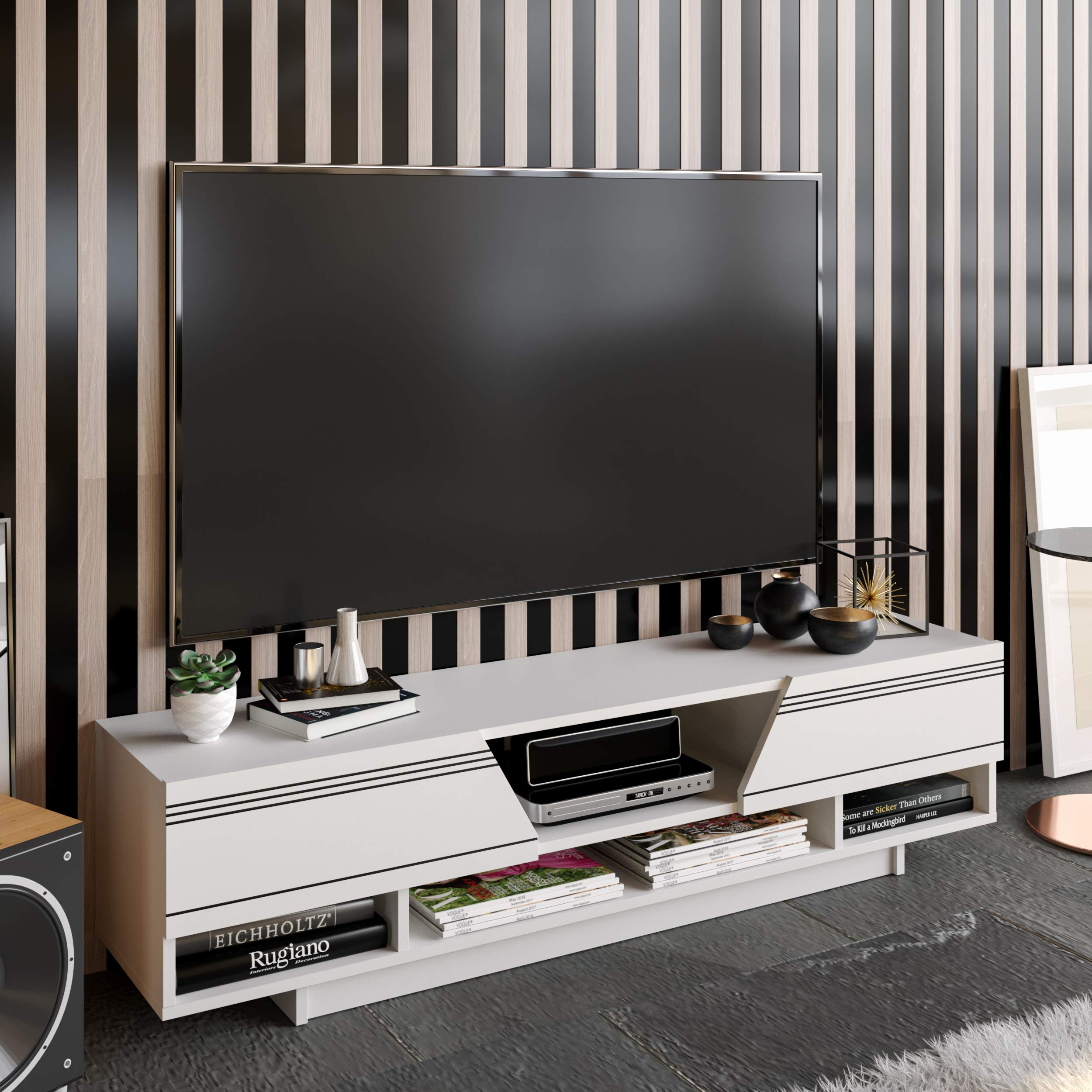 Decorotika Aspatria TV Stand for up to 65 Inch TVs - Modern Entertainment Center with Storage Shelves (White) - Perfect for Living Room, Bedroom & Home Theater Setup