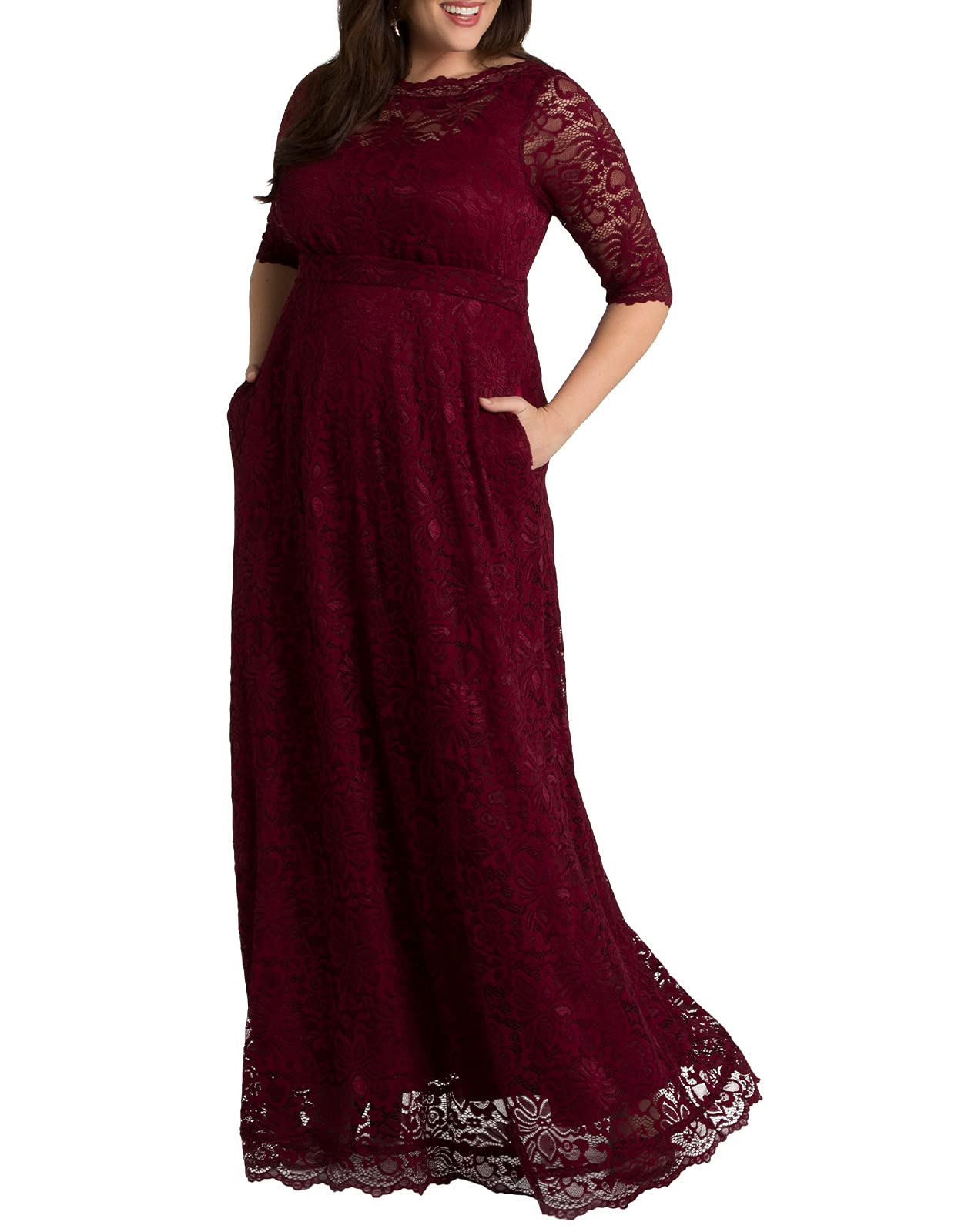 Kiyonna Women’s Plus Size Leona Lace Gown - Elegant Maxi Dress for Formal Evening, Wedding Guest & Special Occasions with Side Pockets | Perfect for Galas, Prom & Black Tie Events