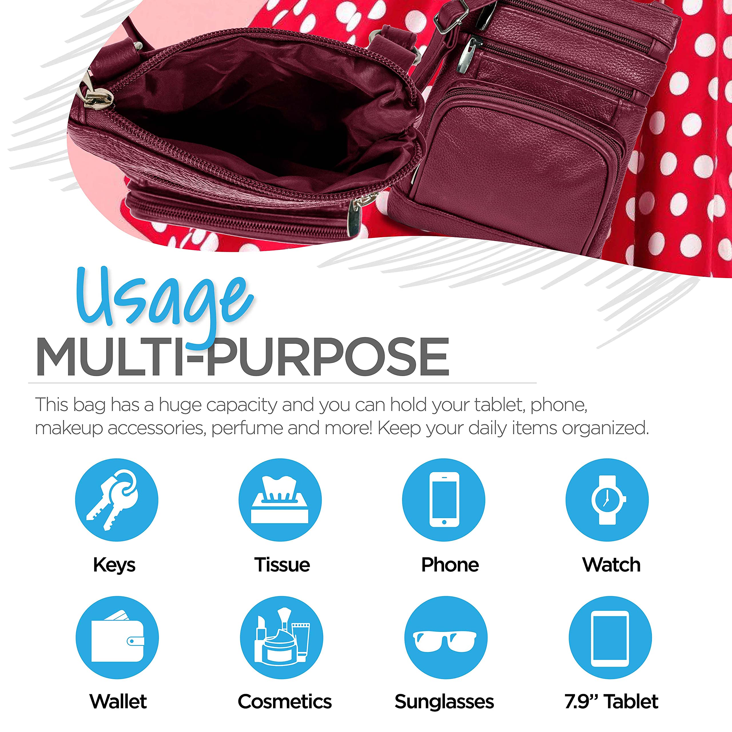 Premium Krediz Genuine Leather Crossbody Bag for Women - Adjustable Strap, Multi-Pocket Design, Soft & Durable - Perfect for Travel, Shopping & Everyday Use