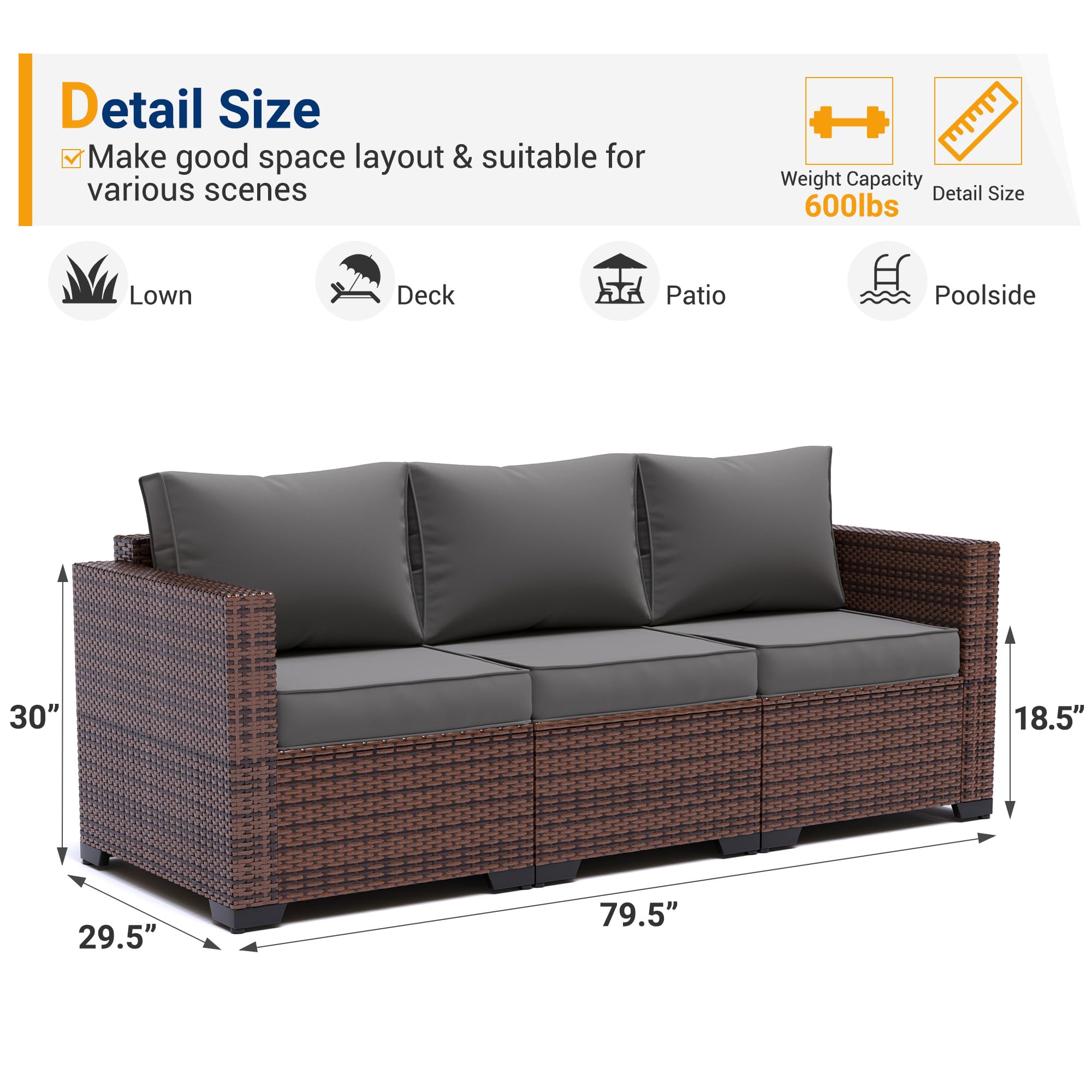 UDPATIO 3-Seat Outdoor Wicker Sofa Set with Steel Frame - Grey Rattan Sectional Couch with Deep Seating, High Back, Non-Slip Cushions & Furniture Cover - Perfect for Patio, Garden, Poolside or Backyard Relaxation
