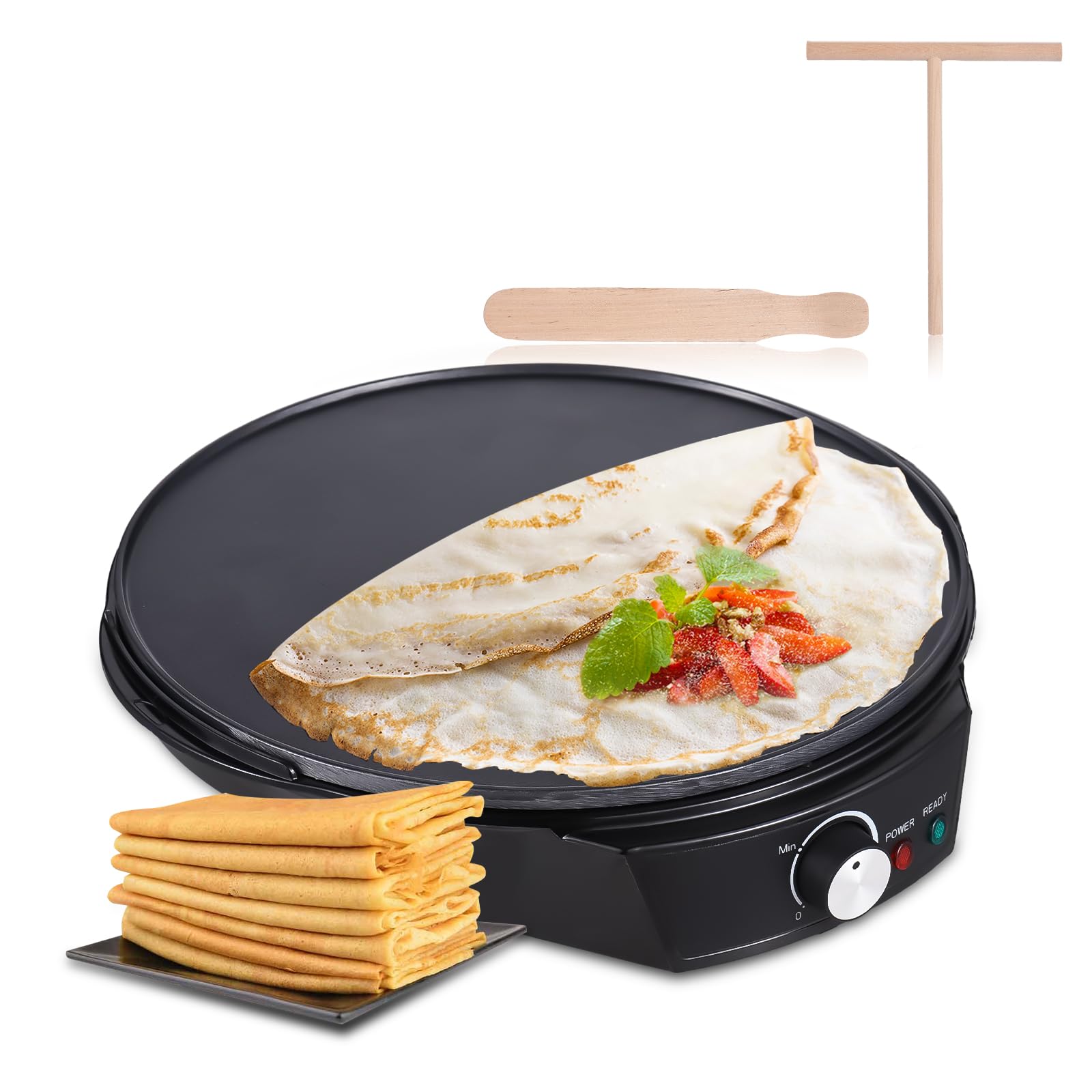 Decdeal 1200W Electric Crepe Maker with Adjustable Temperature (50-210°C) - Non-Stick Pancake Griddle for Roti, Tortilla, Blintzes - Includes Wooden Spatula & Batter Spreader - Perfect for Breakfast, Brunch & Dessert Making at Home