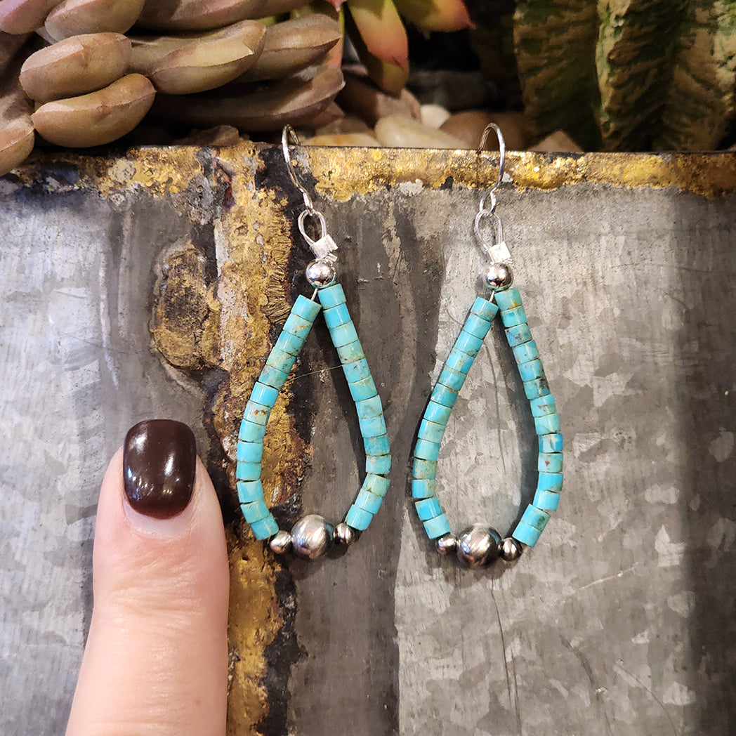 Natural Turquoise & Navajo Pearl Tear Drop Earrings - Handmade Sterling Silver Jewelry for Women - Perfect for Boho, Western & Native American Style Outfits