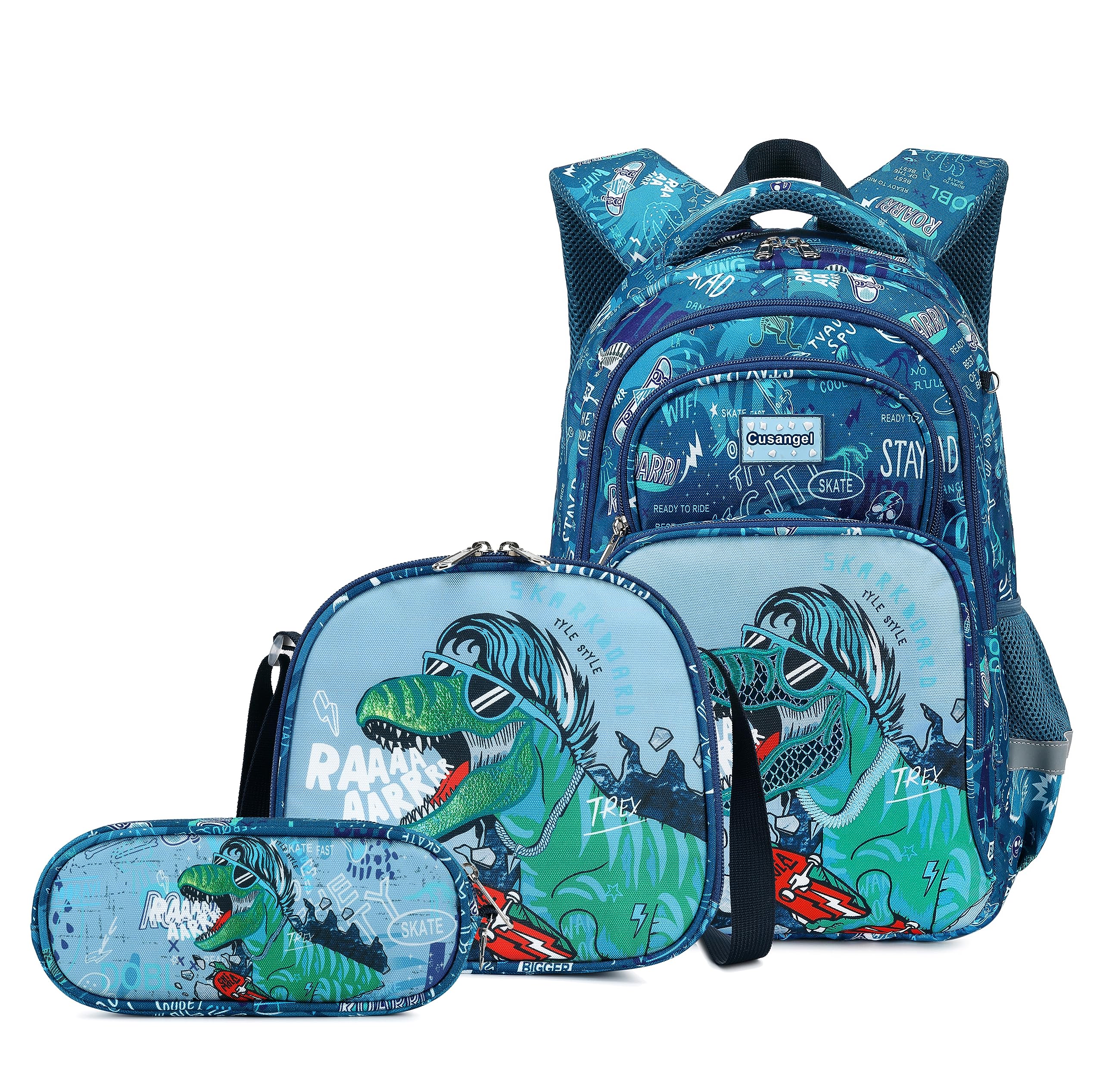 Dinosaur Backpack for Boys - 16 Inch Kids Backpack with Lunch Box, Multi Compartment, Chest Strap & Side Pockets - Perfect for School, Travel & Outdoor Adventures