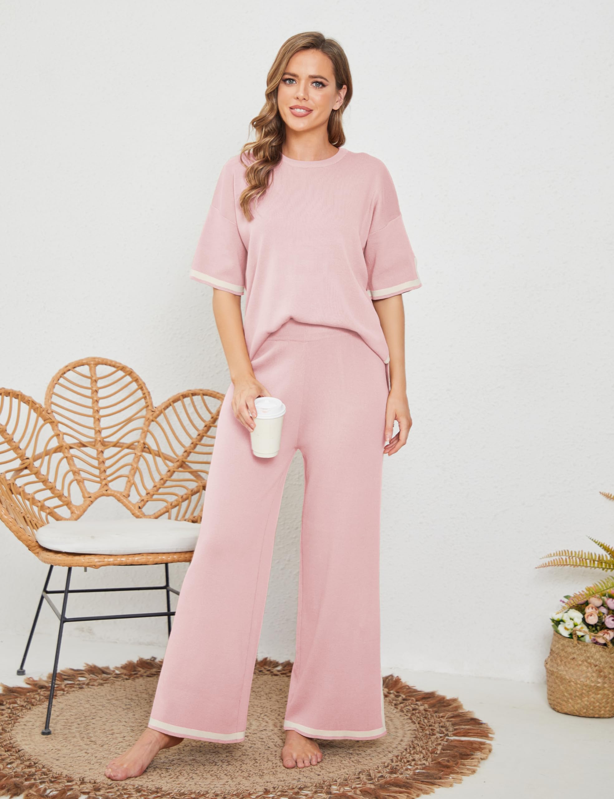 Tanming Women's 2-Piece Sweater Set - Soft Short Sleeve Knit Pullover Top & Comfortable Wide Leg Lounge Pants | Cozy Outfit for Home, Casual Wear & Relaxation