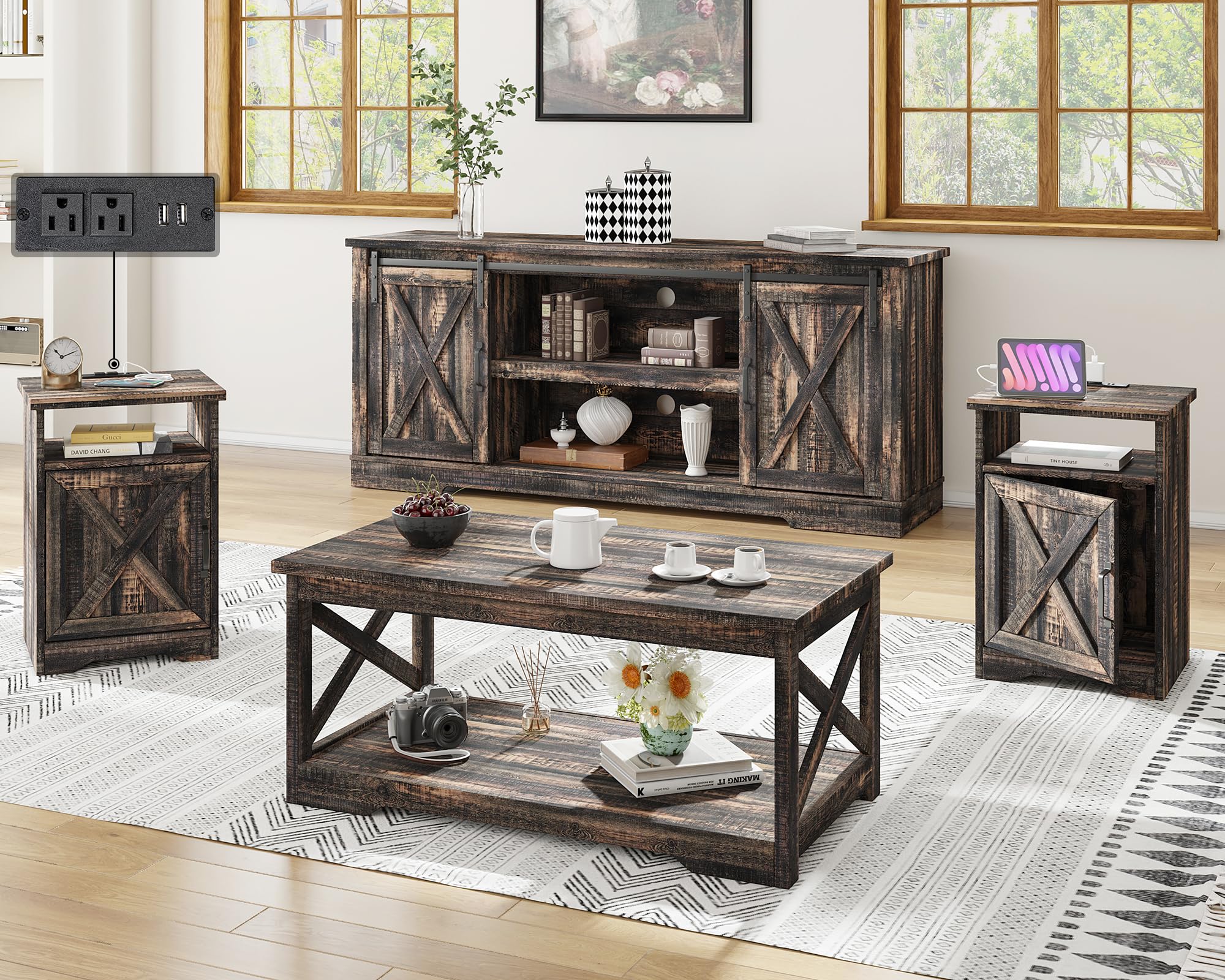 AMERLIFE 4-Piece Farmhouse Table Set - Sliding Barn Door TV Stand, Coffee Table & 2 End Tables with Charging Station & USB Ports - Dark Oak 66