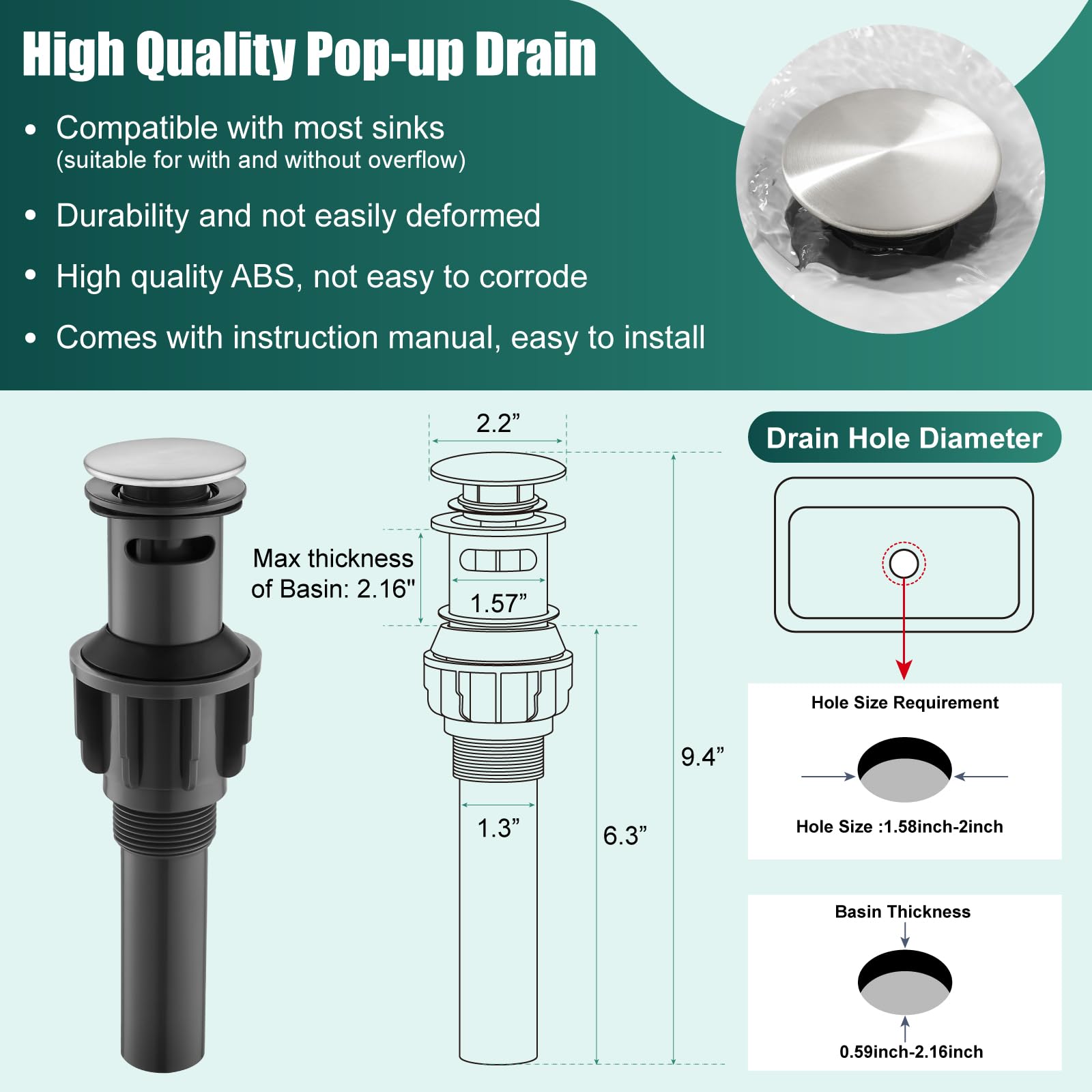 Premium SUS304 Stainless Steel Single Handle Bathroom Sink Faucet - 1 Hole Deck Mount Basin Mixer Tap with Drain - Brushed Nickel Finish for Vanity & Lavatory - Perfect for Modern Bathrooms & Powder Rooms
