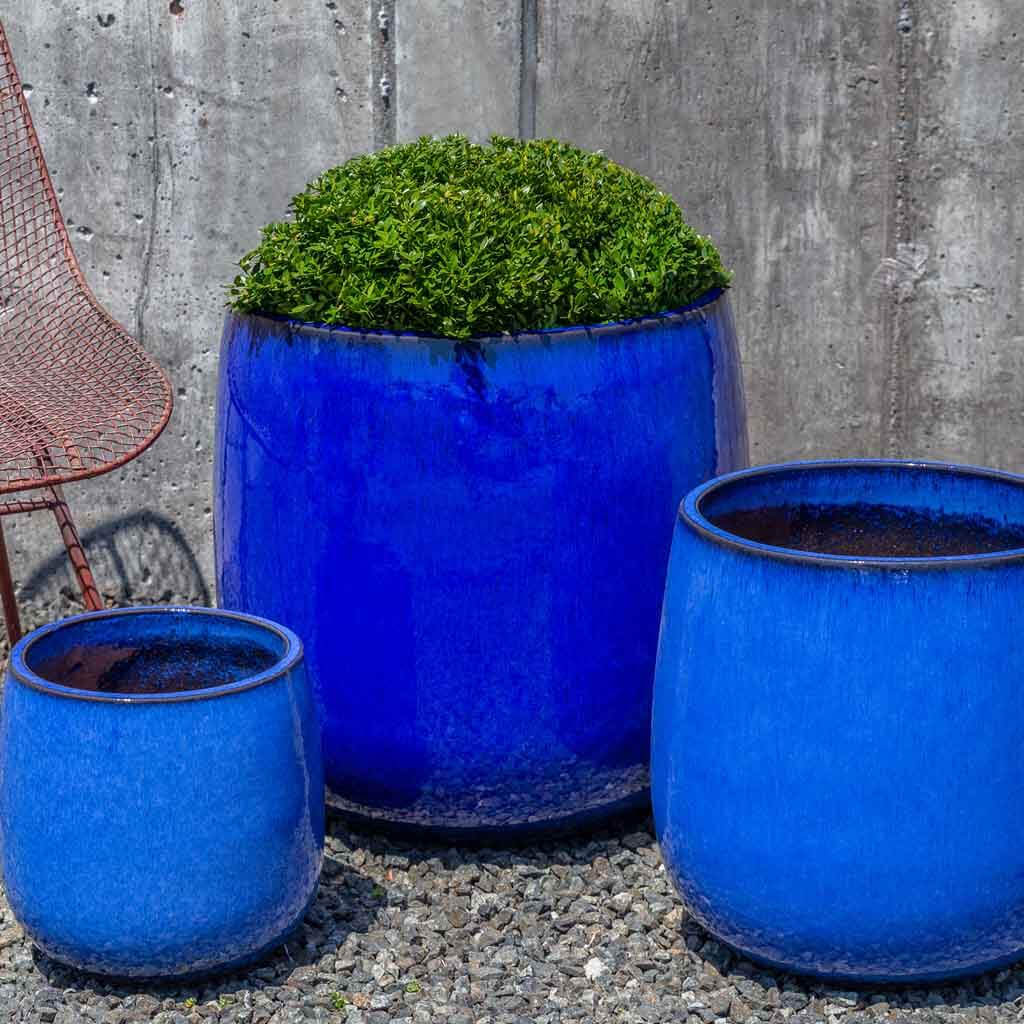 Campania International Potrero Planter Set of 3 in Riviera Blue - Modern Outdoor Flower Pots for Patio, Garden & Home Decor