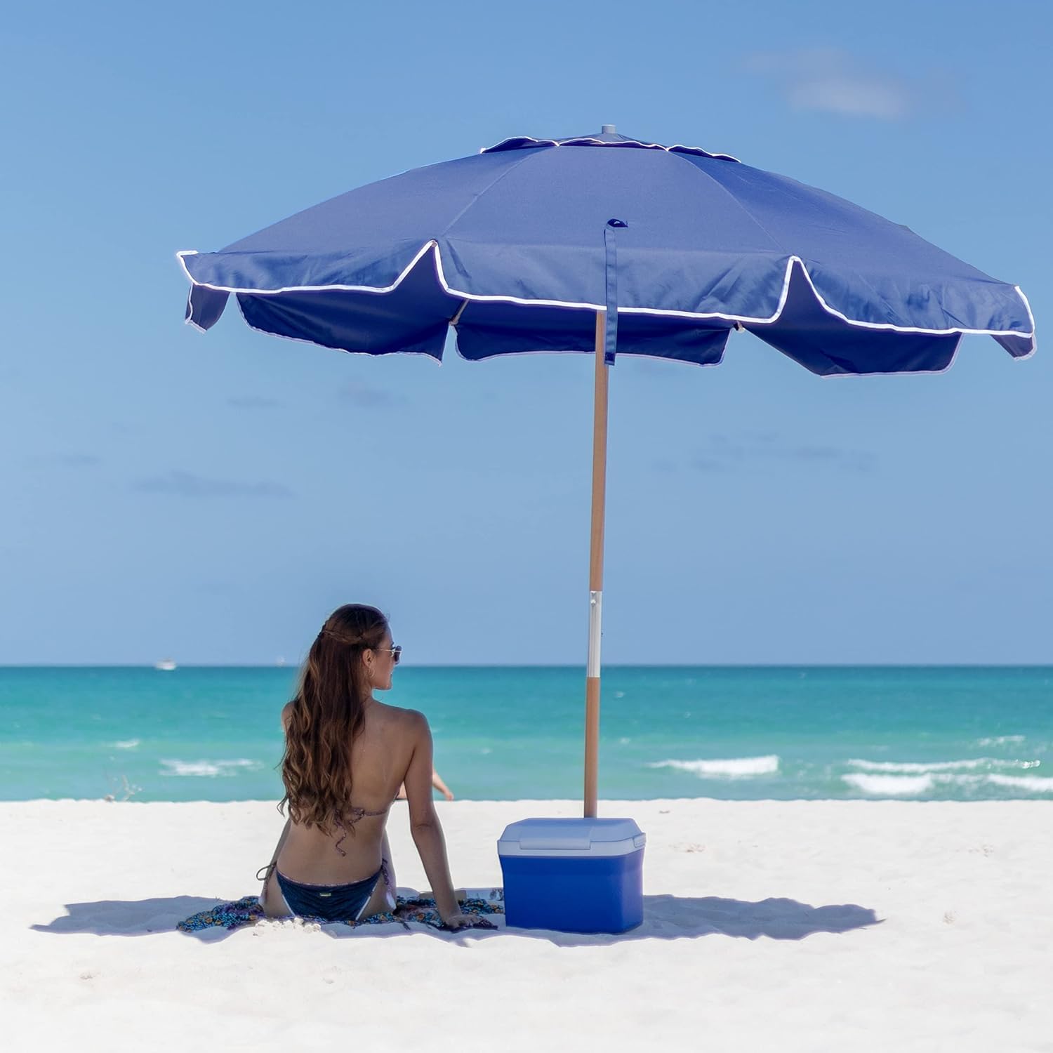AMMSUN 7.5ft Heavy Duty Commercial Grade Windproof Beach Umbrella with Air Vent - UV 50+ Sun Protection, Ash Wood Pole & Carry Bag - Navy Blue for Beach, Poolside, Patio, and Outdoor Events