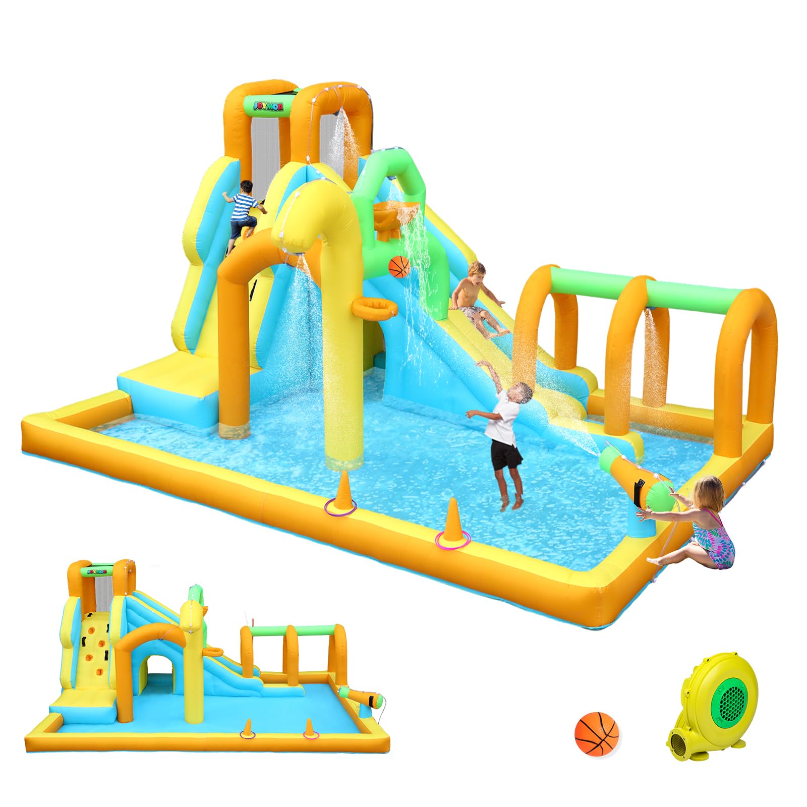 JOYMOR 10-in-1 Inflatable Water Slide Bounce House with Water Bucket, Tunnel, Water Cannon & Basketball Hoop - Fast 1 Minute Setup (Includes Air Blower) - Outdoor Backyard Water Park for Kids Ages 3-10 - Perfect for Summer Parties, Birthdays & Family Fun