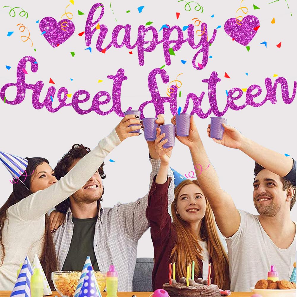 BEISHIDA Purple Glitter Happy Sweet 16 Birthday Banner - Pre-Strung Glitter 16th Birthday Party Decorations for Girls & Women | Perfect for Sweet 16 Parties, Teen Birthday Celebrations & Milestone Decor