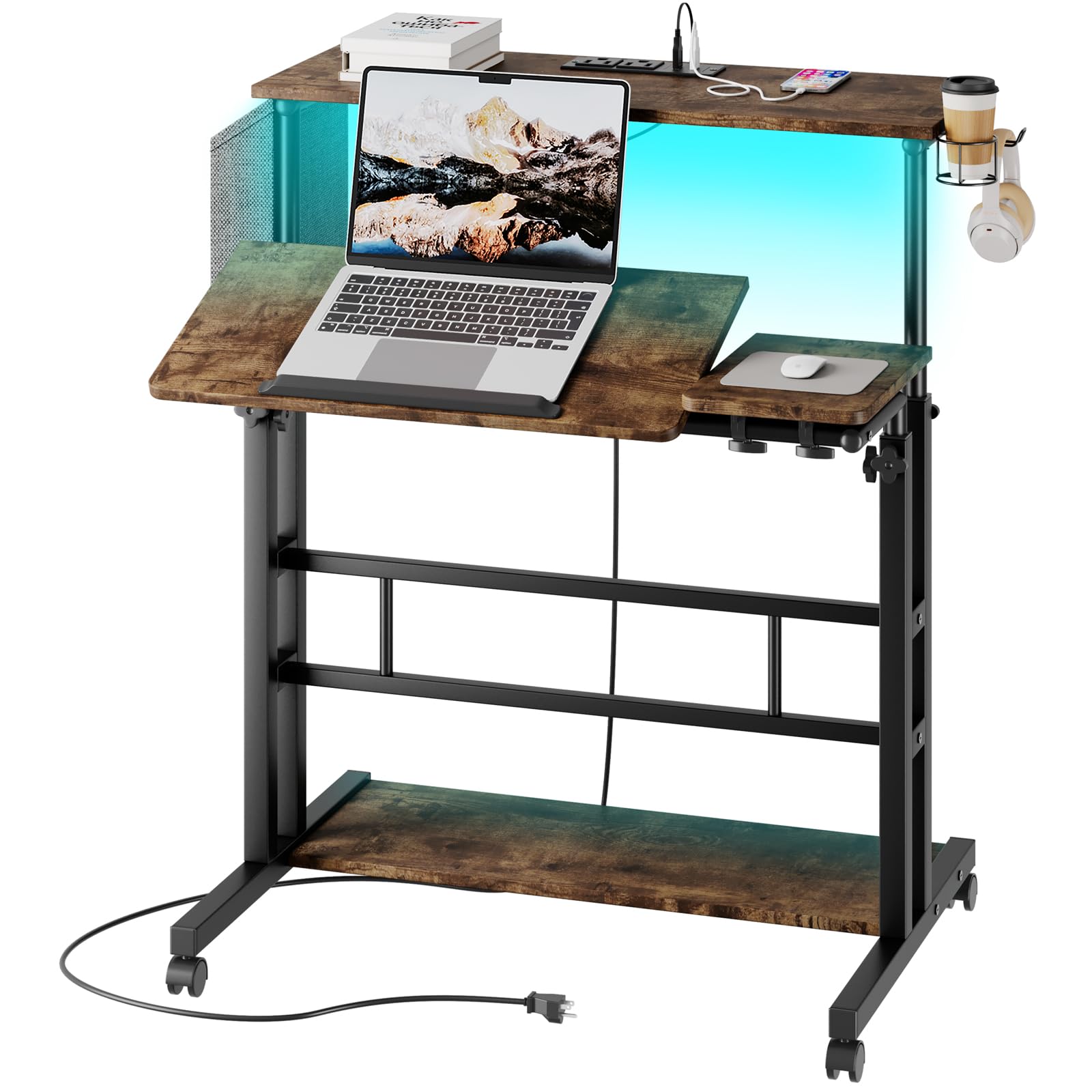 Dripex Adjustable Height Mobile Standing Desk with Power Outlets, LED Strip Lights & Storage - Rolling Computer Table with Cup Holder, Hook & Storage Bag - Perfect for Home Office, Gaming & Art Studio Workspaces