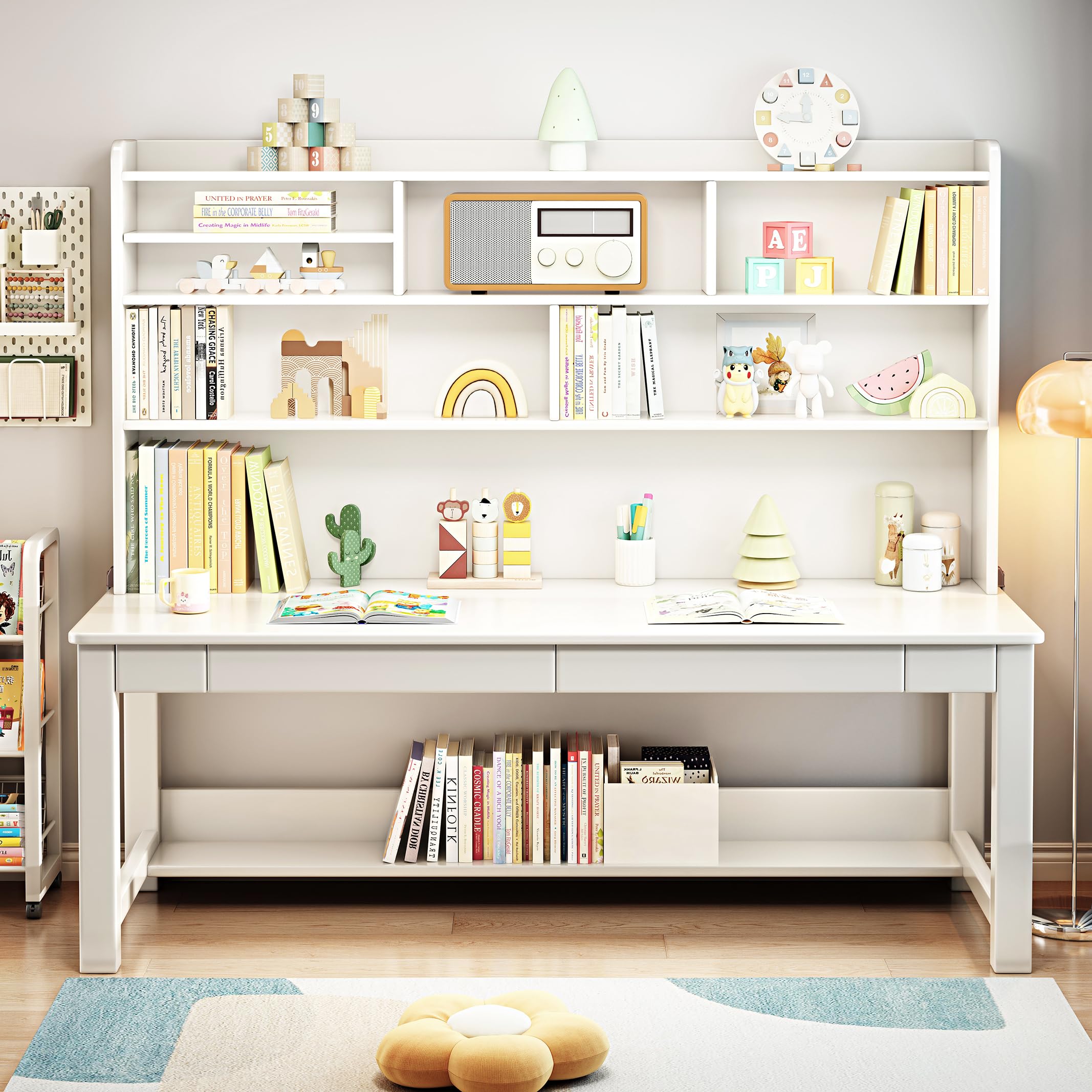 Kids Wooden Study Desk with Hutch - Adjustable Height Solid Wood Children's Table for Homework & Crafts - Perfect for Home Office, Classroom & Playroom (White)