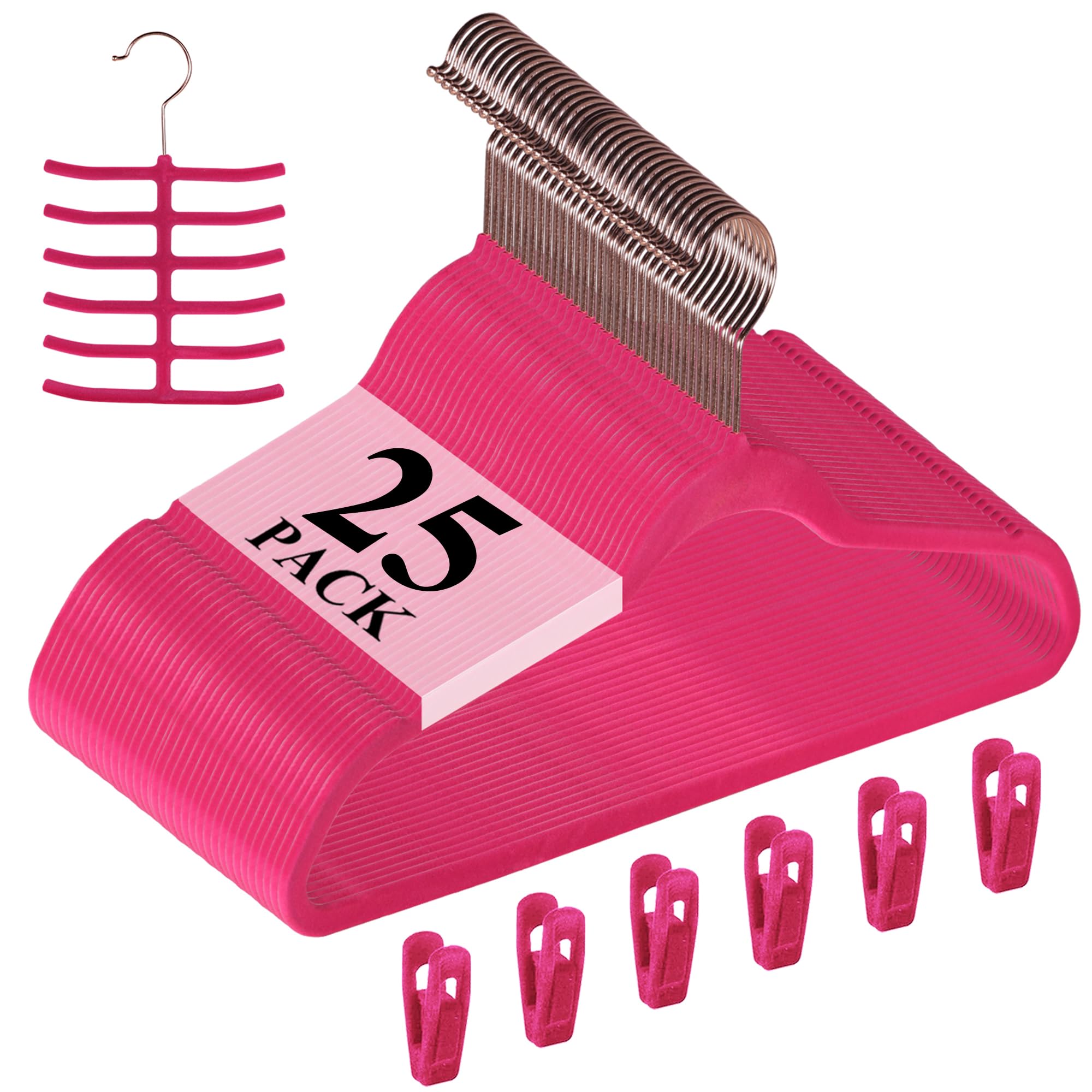 Premium Velvet Clothes Hangers - Heavy Duty Suit Hangers (25 Pack) - Non Slip & Space Saving with 6 Finger Clips & Tie Rack - Ideal for Men & Women Wardrobe Organization - Perfect for Closets, Laundry Rooms & Travel Use - Rose Gold