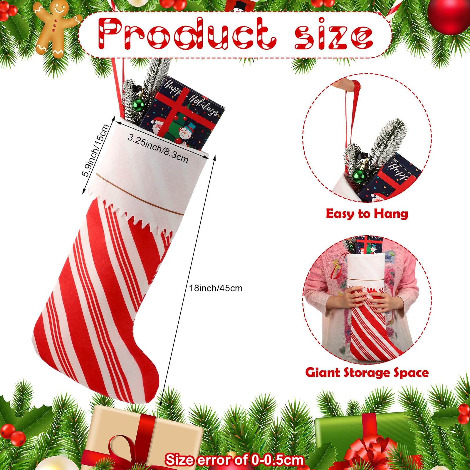 Syhood 6-Piece 18-Inch Christmas Stockings Set - Large Felt Santa & Candy Cane Holiday Stockings for Fireplace Decor, Xmas Tree Ornaments, and Festive Party Decorations | Perfect for Christmas Home Decor, Gift Exchange & Holiday Celebrations