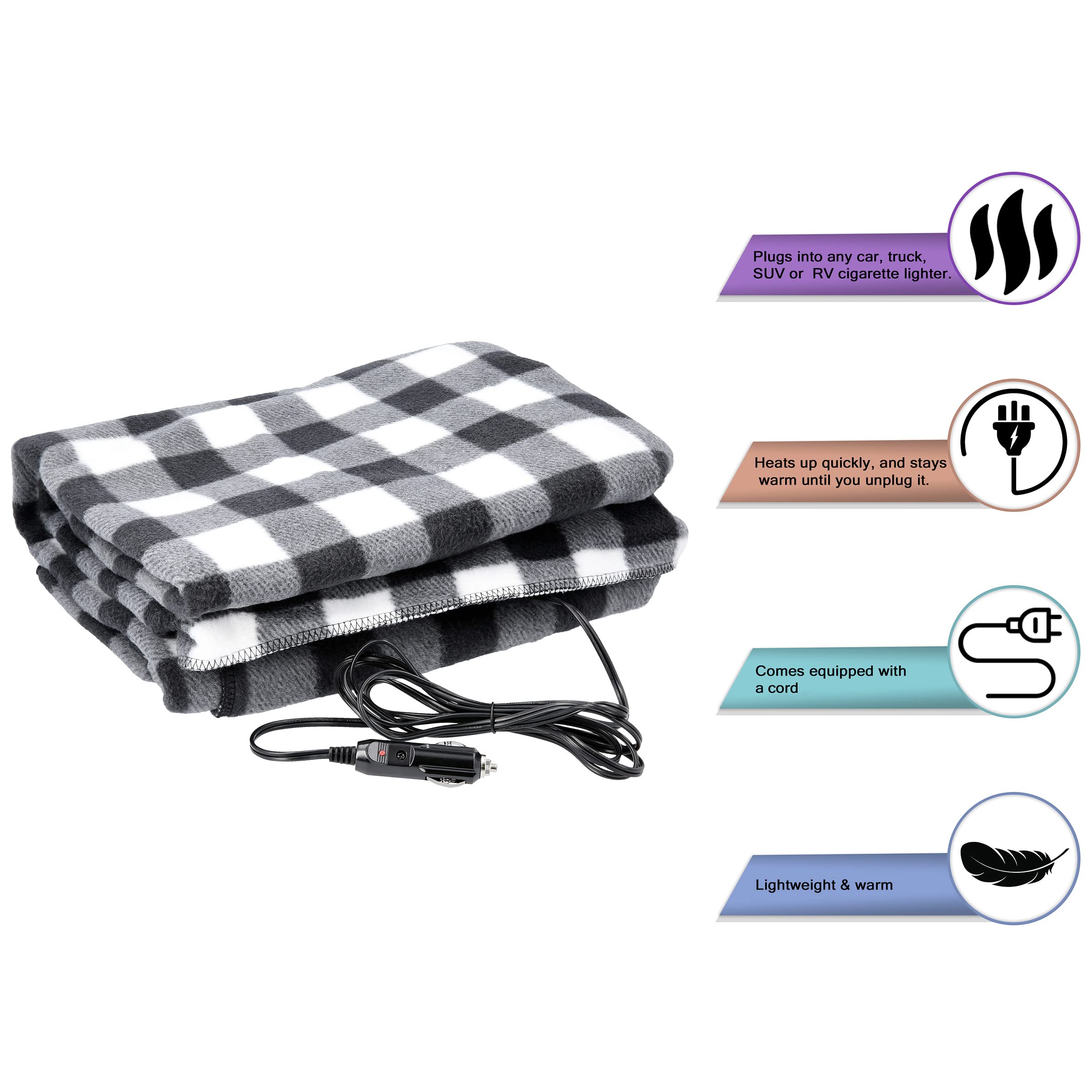Stalwart 12V Heated Car Blanket - Electric Warming Throw for Cars, Trucks, SUVs & RVs - Portable Travel Blanket for Winter Camping & Road Trips - Cozy Black Plaid Design