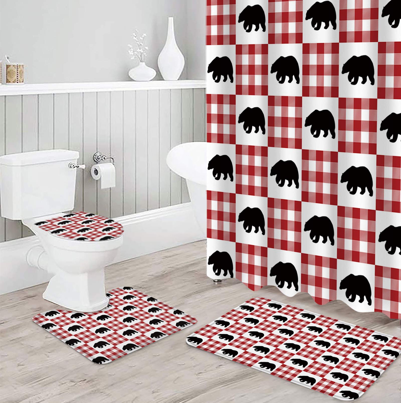 4PCS Non-Slip Christmas Arctic Bear Buffalo Plaid Bathroom Mat Set - Soft Shower Curtain Rugs, Toilet Seat Cover & Bath Mats for Cozy Holiday Bathroom Decor - Perfect for Winter Home Decor & Gift Giving