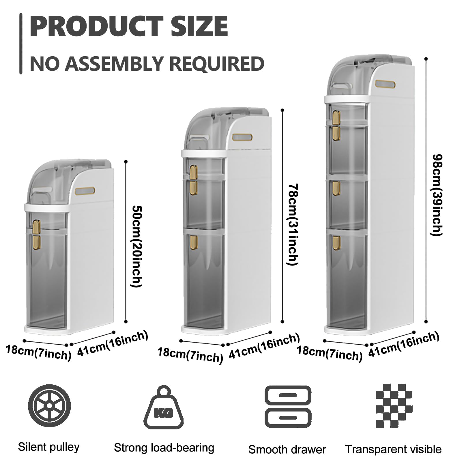 3 Tier Bathroom Floor Cabinet - 7’ Narrow Height Slim Storage Tower with Clear Drawers & Side Storage on Casters - Large Capacity Organizer for Bathroom, Kitchen, Bedroom & Office - Space-Saving Solution for Small Spaces