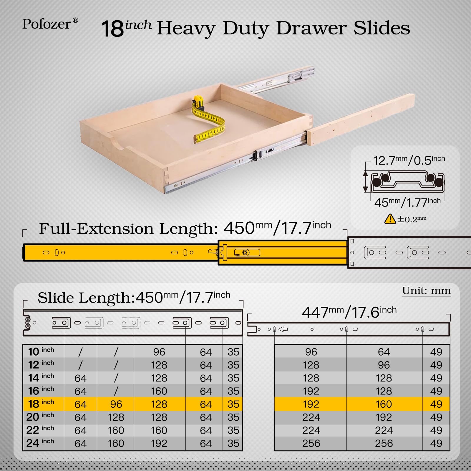2 Pairs Heavy Duty Ball Bearing Drawer Slides 10-24 Inch (18 Inch) - 100 LB Load Capacity Side Mount Cabinet Rails for Kitchen, Dresser, File Cabinet & Trash Can - Smooth Full Extension Metal Runners for Easy Access Storage Solutions