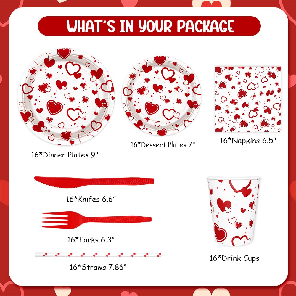 112-Piece Heart Plates & Napkins Party Set - Includes Plates, Cups, Napkins & Straws - Baby Shower, Birthday Party Decorations (Serves 16) - Perfect for Valentine's Day, Bridal Showers & Romantic Dinner Decor
