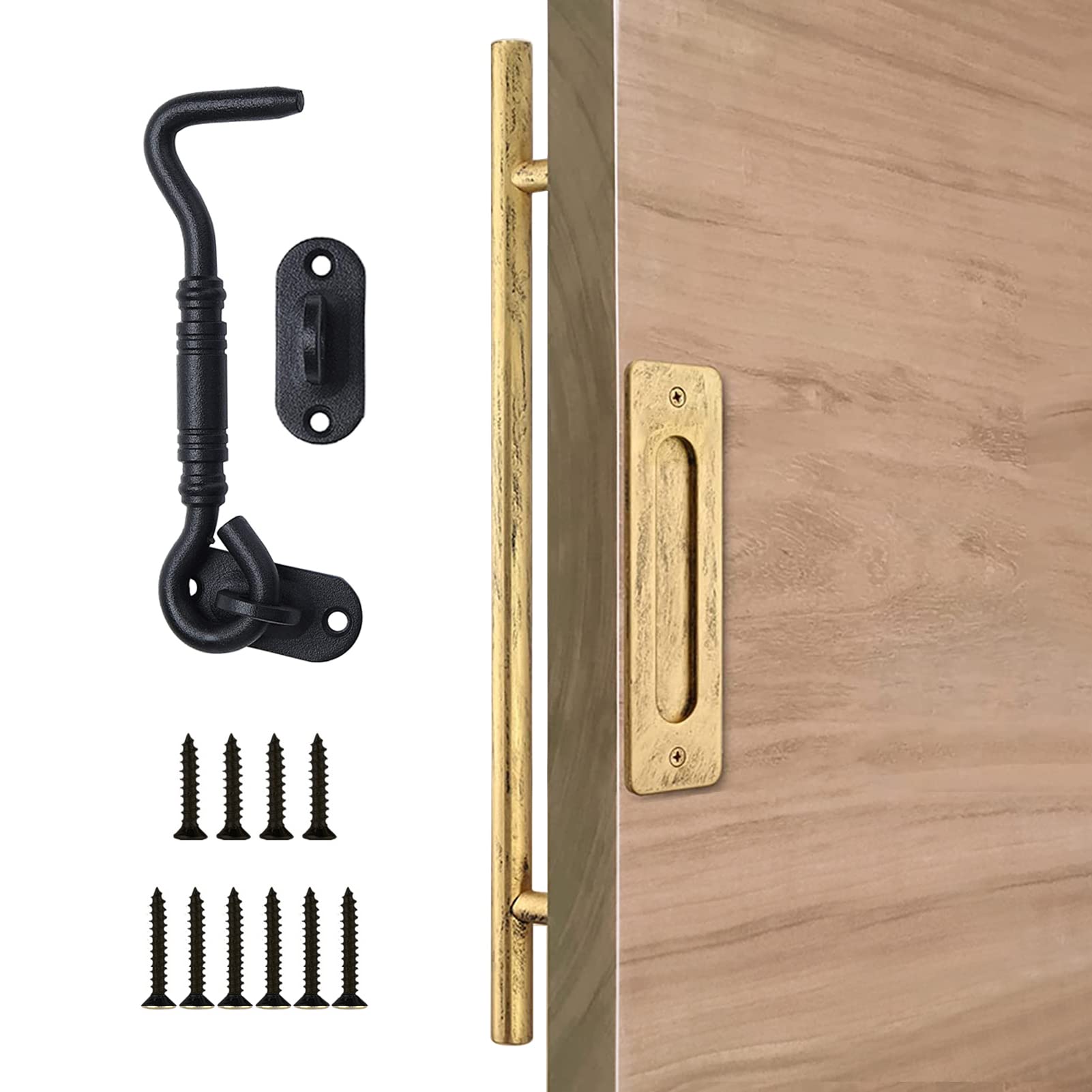 24 Inch Retro Gold Barn Door Handle - Handmade Rustic Sliding Door Pull with Hook Lock Latch Set, Flush Mount Hardware Kit for Barn Doors, Gates & Garage Doors | Perfect for Farmhouse, Industrial & Vintage Home Decor