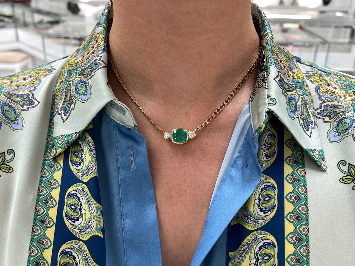 5.24tcw Dark Green Colombian Emerald Cushion Cut & Diamond Three Stone Necklace in 14K Gold - Elegant Jewelry for Weddings, Anniversaries & Special Occasions