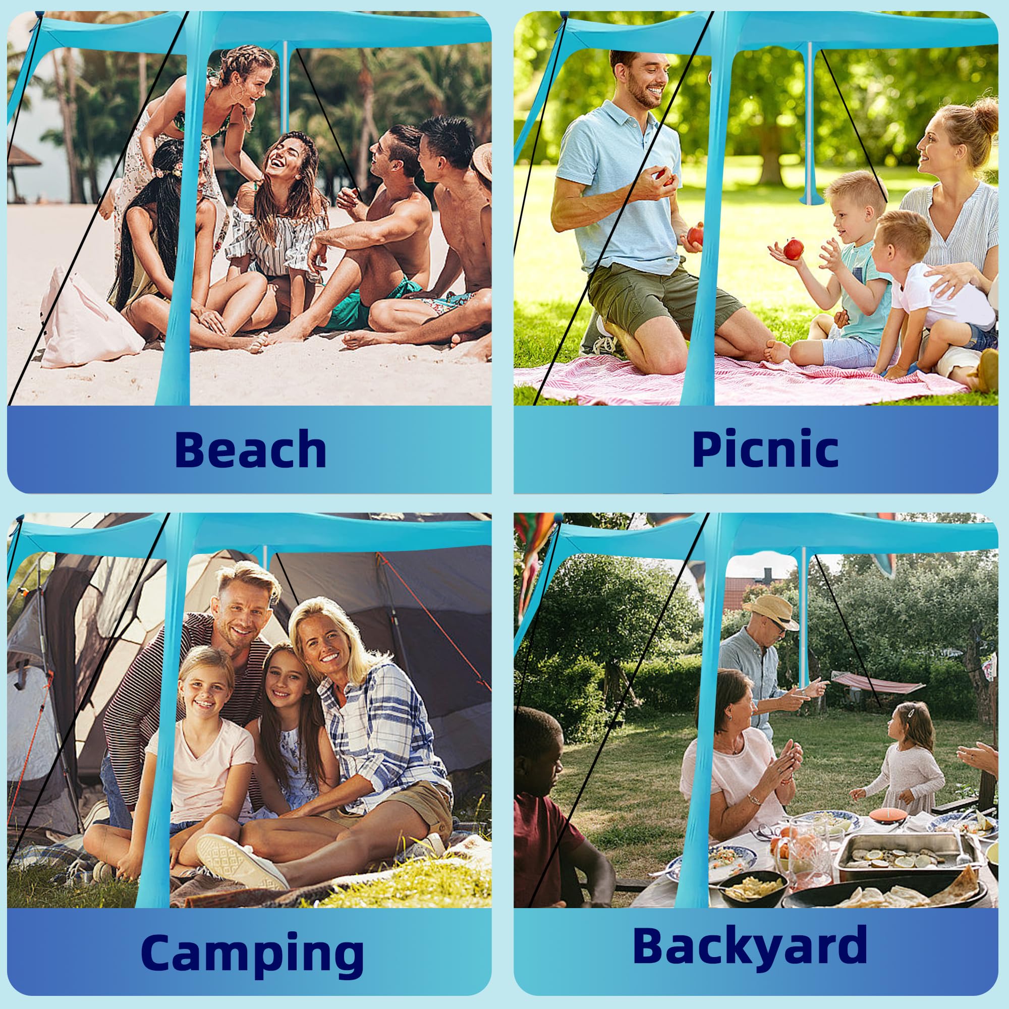 BOTINDO Family Beach Tent Canopy - Pop Up Sun Shade Shelter with 4 Stability Poles & Carry Bag - Portable Outdoor Shade for Beach, Fishing, Camping, Backyard & Picnic Use