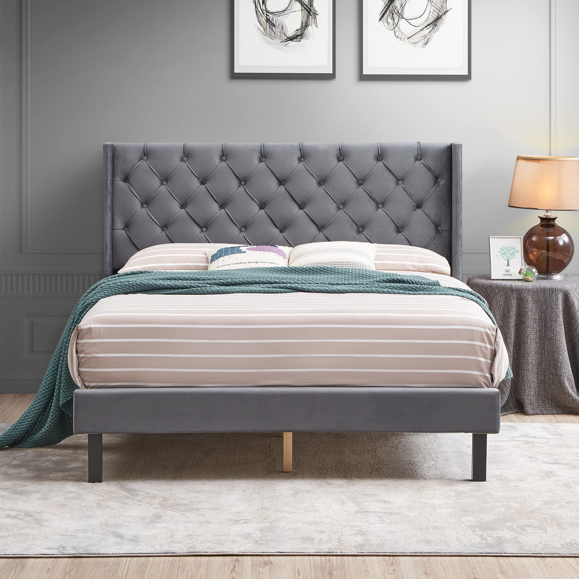 Queen Size Velvet Upholstered Platform Bed Frame with Button Tufted Headboard & Wood Slat Support - Wing Design Mattress Foundation (Gray) for Modern Bedroom Decor | Luxury Bed Frame for Master Bedroom or Guest Room