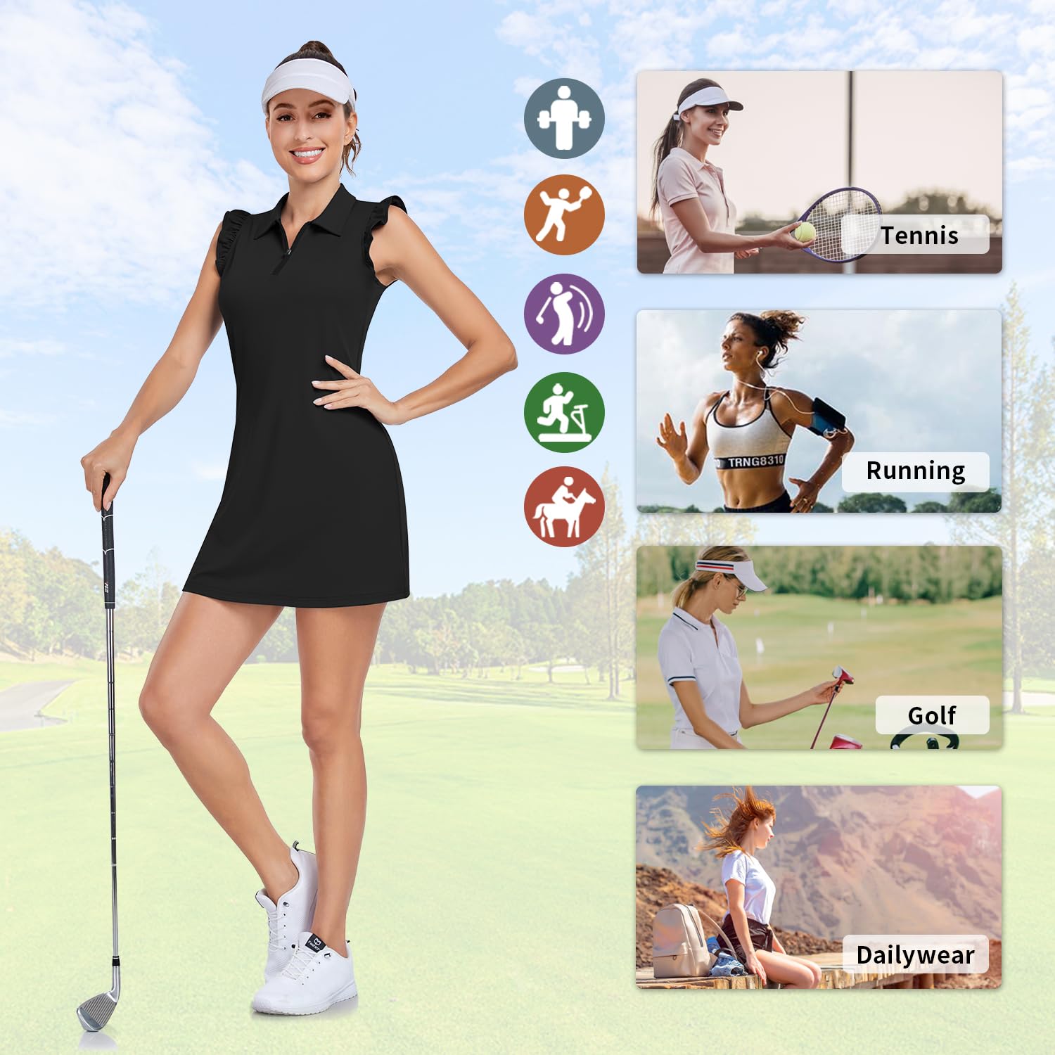 WOWENY Women's Petal Sleeve Tennis Dress - Golf & Athletic Workout Dress with Built-in Shorts & Pockets | Sleeveless Sports Dress for Tennis, Golf, Gym & Casual Wear