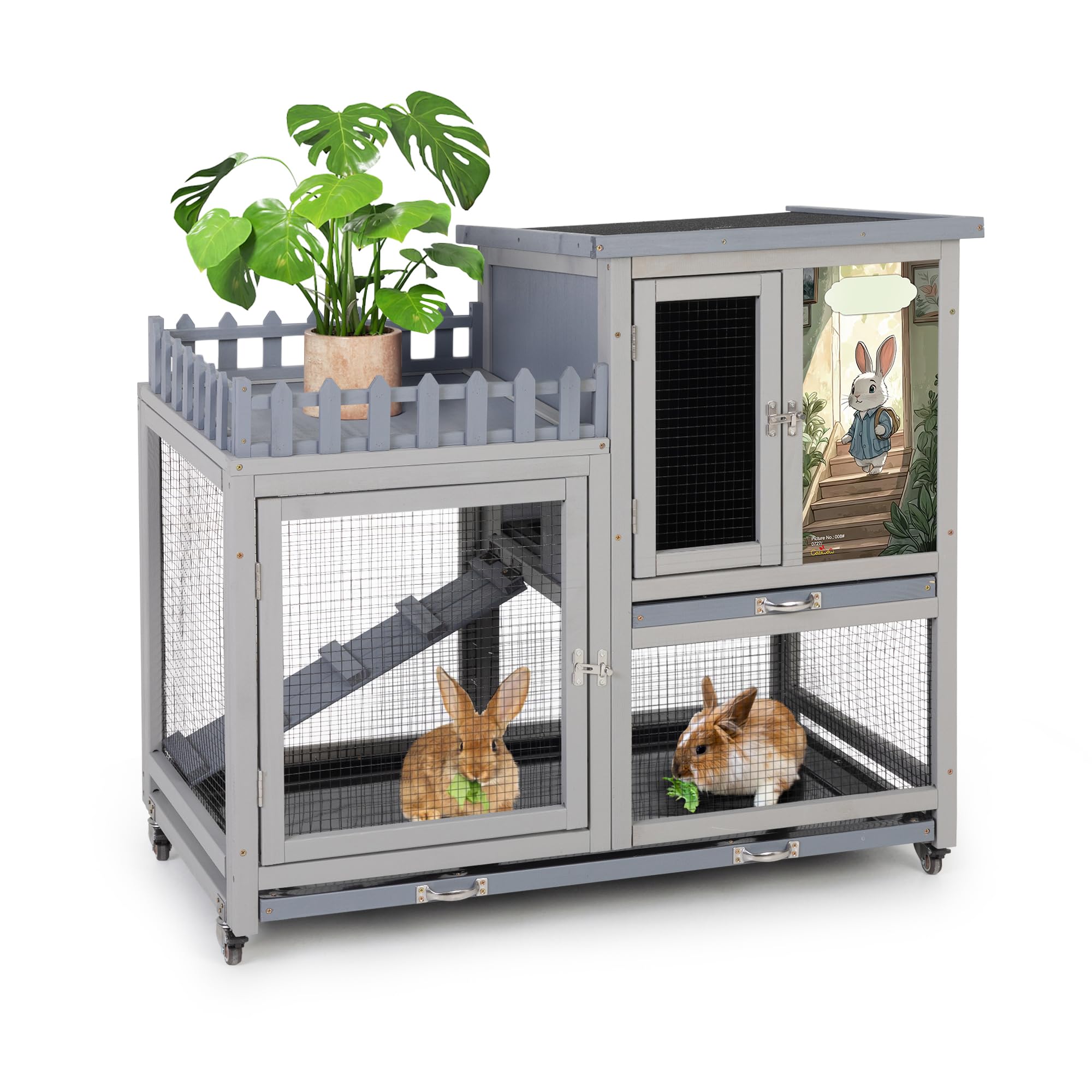 Premium Wooden Rabbit Hutch with Balcony - Indoor/Outdoor Bunny Cage on Wheels for Small Pets, Includes Ramp, Pull-Out Tray & Water Bottle (Grey Pattern) - Perfect for Backyard, Patio or Home Decor