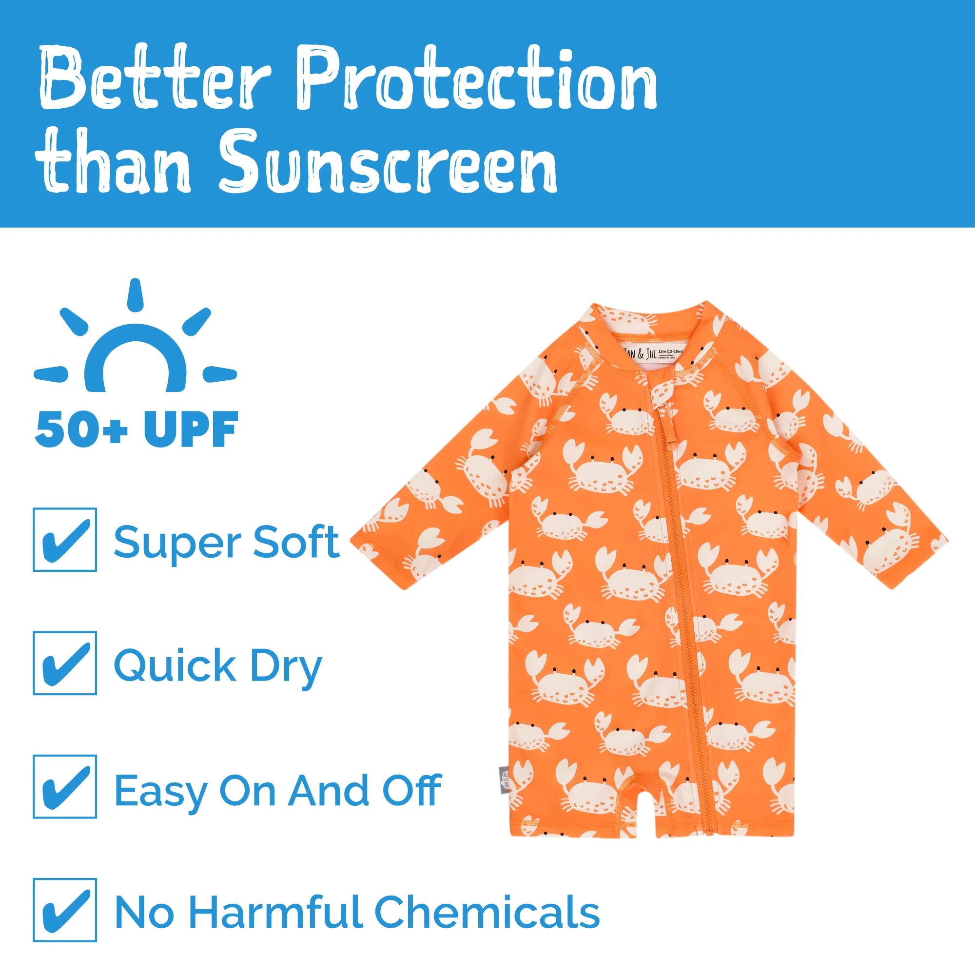Jan & Jul Crabby Crab One Piece UV Sun Suit for Baby Girls & Boys - UPF 50+ Sun Protection Swimwear for Beach, Pool & Outdoor Activities