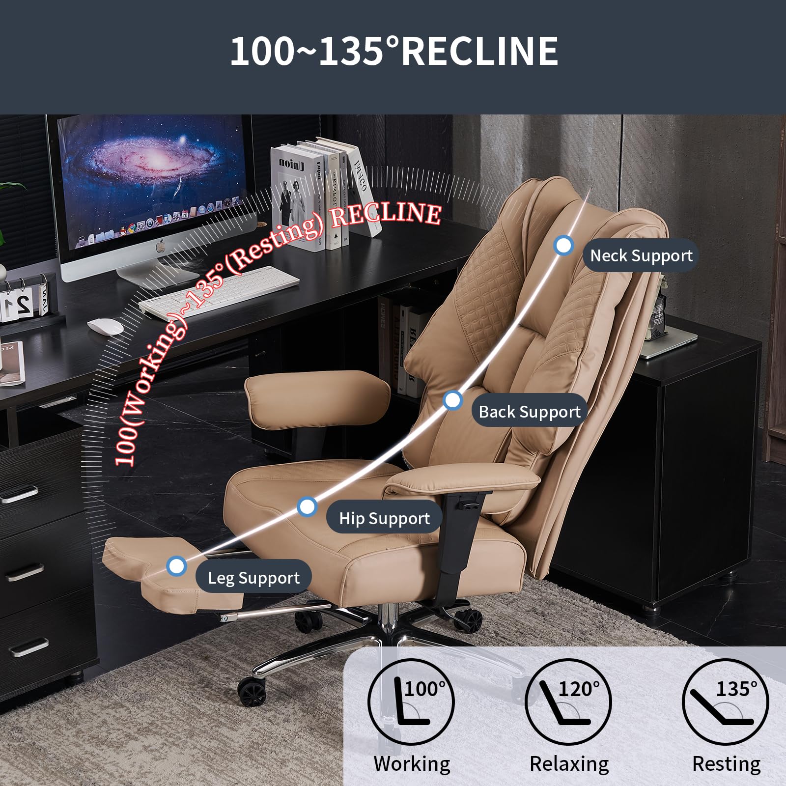 Big and Tall Office Chair for Heavy People Up to 400lbs - Wide Seat Leather Executive Chair with Adjustable Lumbar Support & Footrest - Ergonomic High Back Desk Chair for Back Pain Relief (Brown) - Perfect for Home Office, Gaming, and Long Work Sessions