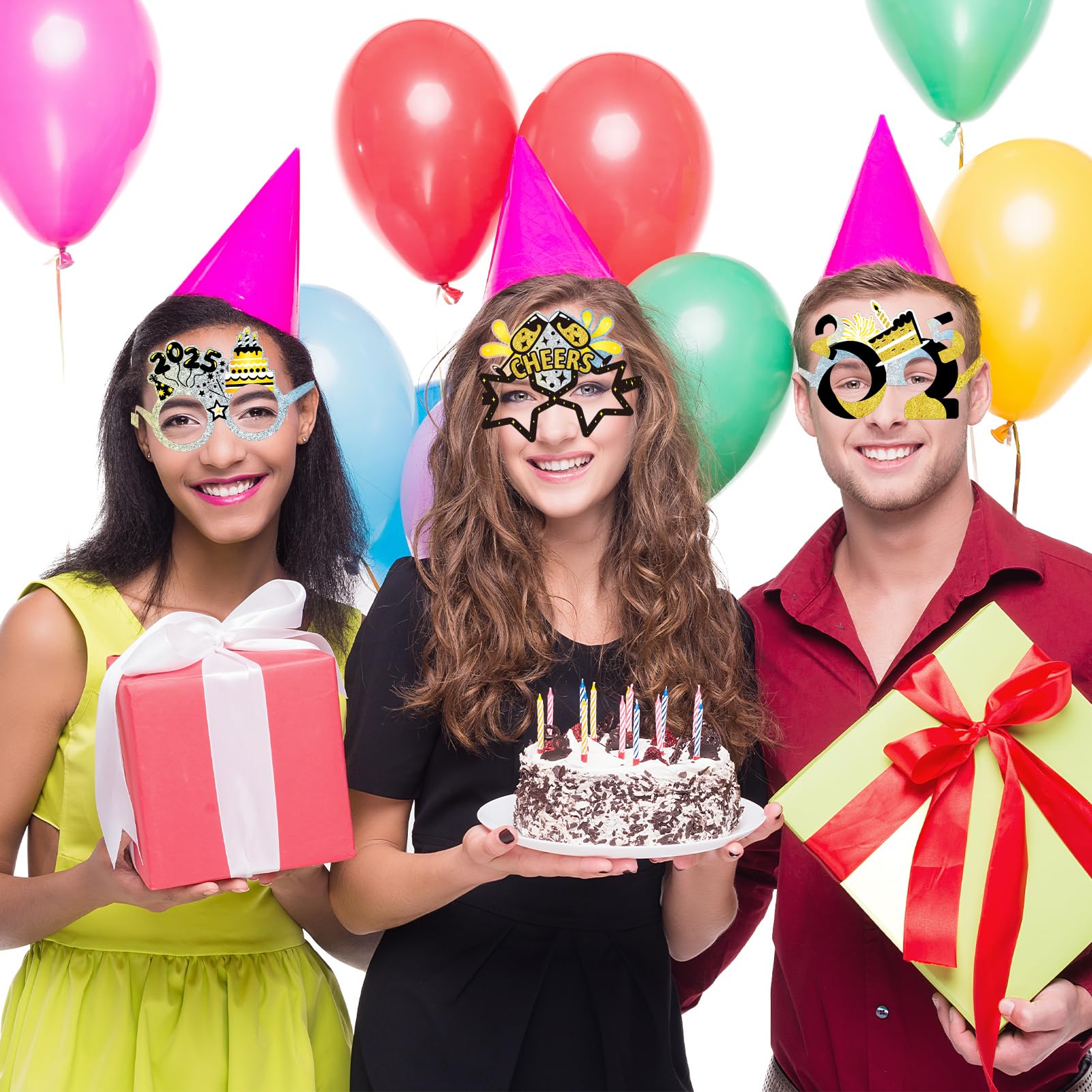 26Pcs Happy New Year 2025 Party Glasses - Black Gold Silver Funny Photo Booth Props & Eve Decoration Supplies for New Year's Eve Parties, Countdown Events & Celebrations