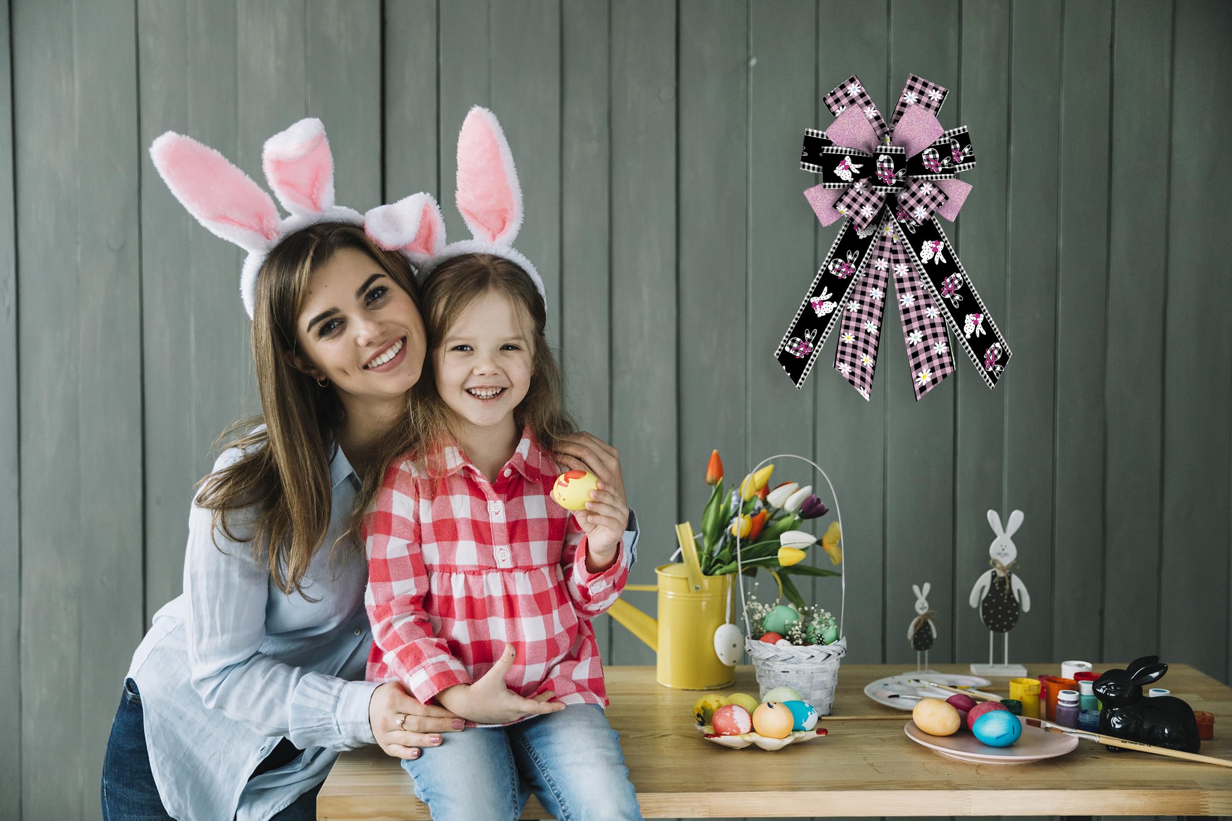 Large Easter Bunny Bows for Wreaths - Pink & Black Buffalo Plaid Bows with Spring Flowers & Burlap - Holiday Tree Topper & Front Door Decorations - Perfect for Easter Party Supplies & Home Decor