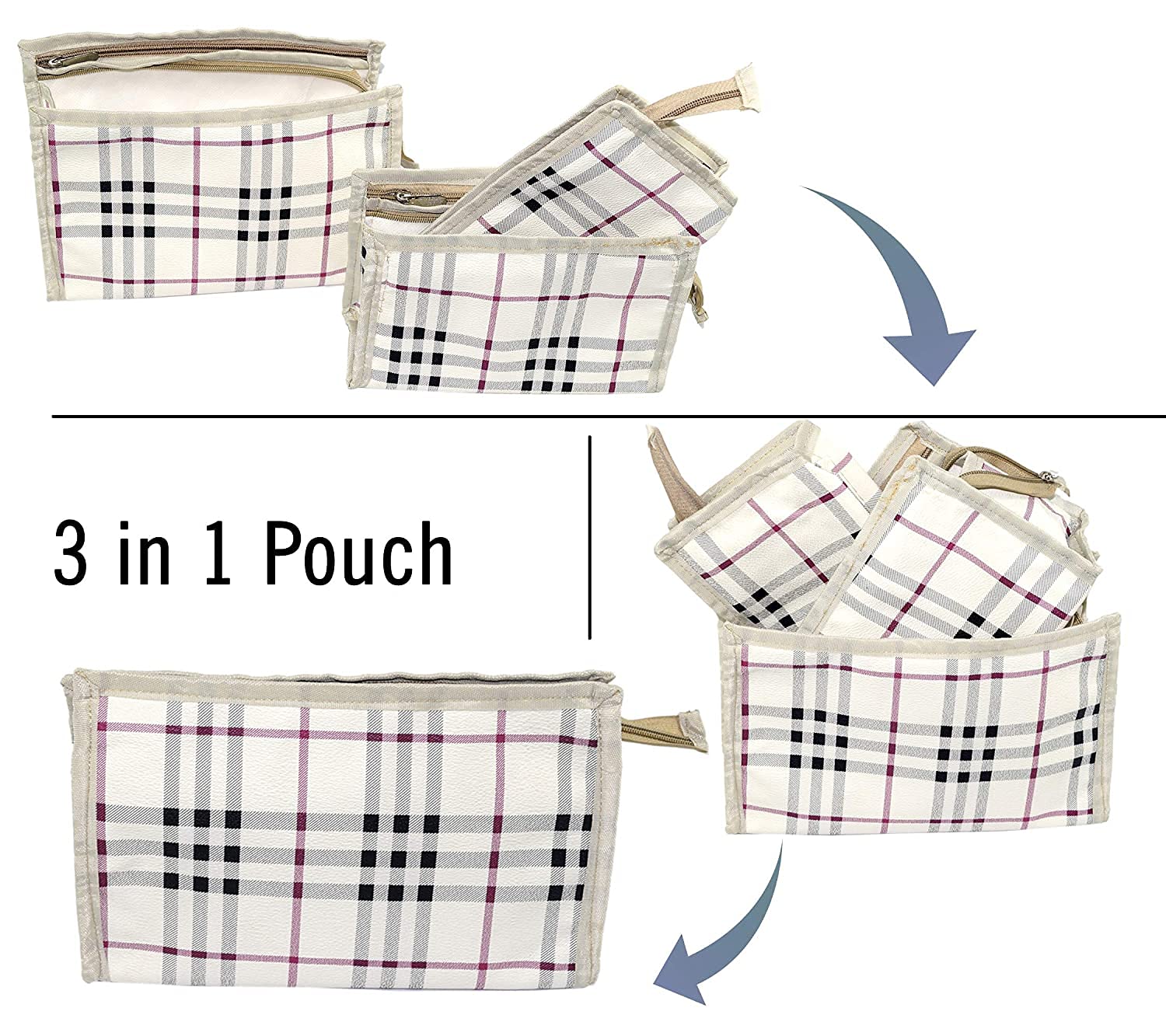 PRISMAXIC 3-Piece Travel Pouch Set - Waterproof Toiletry Bag, Cosmetic Organizer & Stationery Case for Makeup, Shaving, Pens & Pencils (White Checkered Pattern) - Perfect for Travel, Gym, Camping & Daily Organization