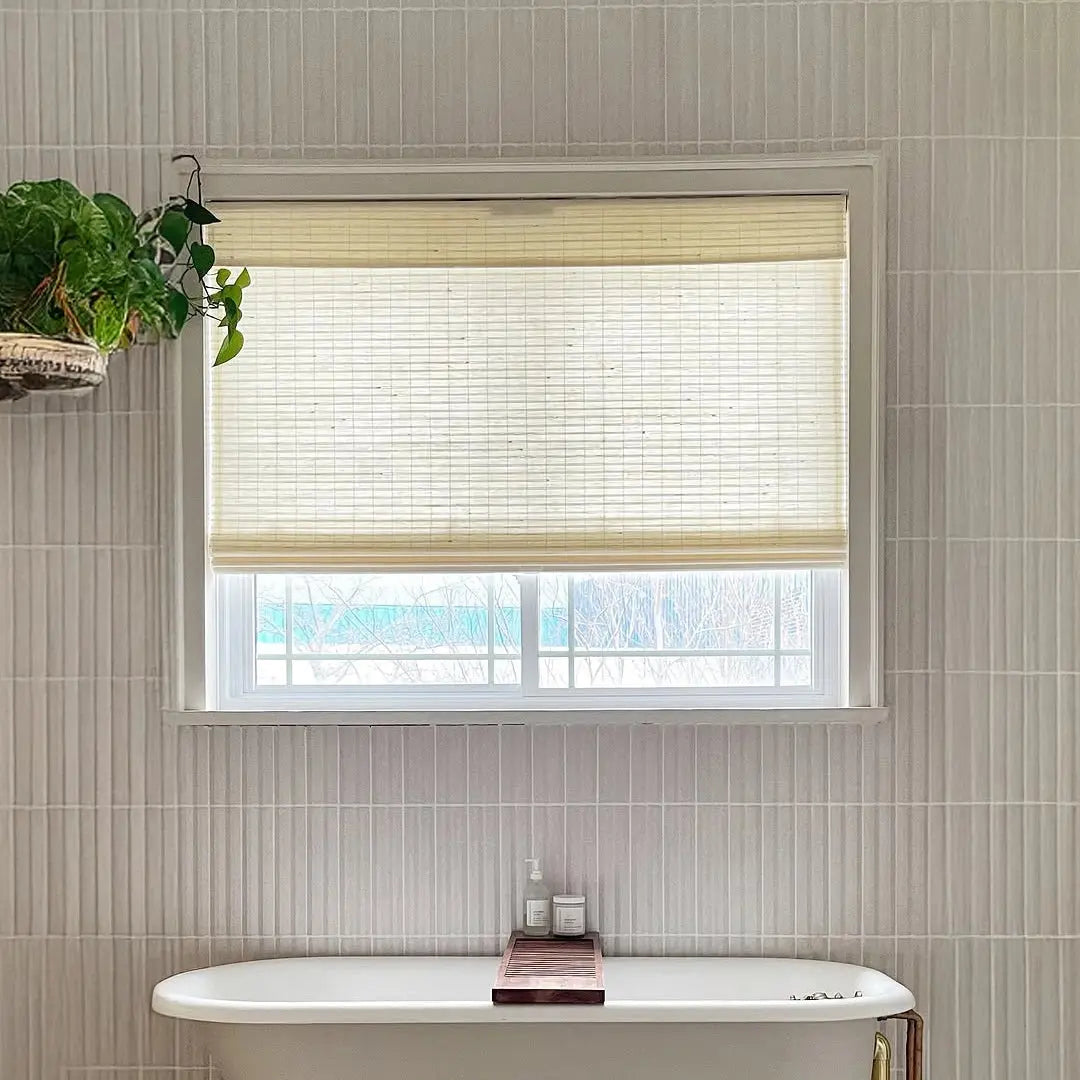 Natural Flax Bamboo Woven Window Shade - Sandstone Color | Eco-Friendly Light Filtering Roman Shade for Living Room & Bedroom