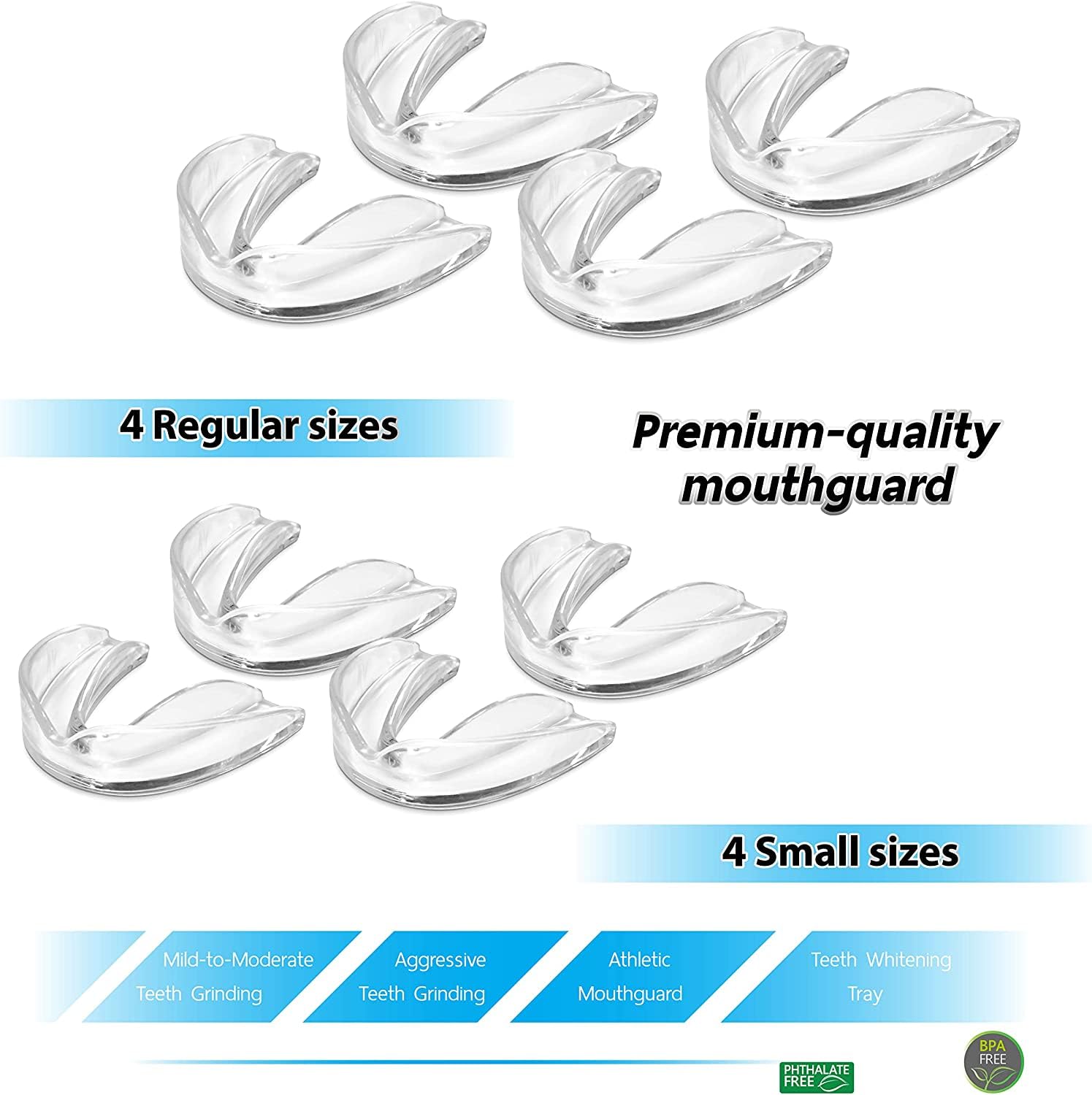 Custom Fit Mouth Guards for Teeth Grinding & Clenching (Pack of 8) - 4 Regular & 4 Small Sizes - Bruxism Relief, Sports Protection & Teeth Whitening Tray - Perfect for Nighttime Use, Boxing, MMA & Dental Care