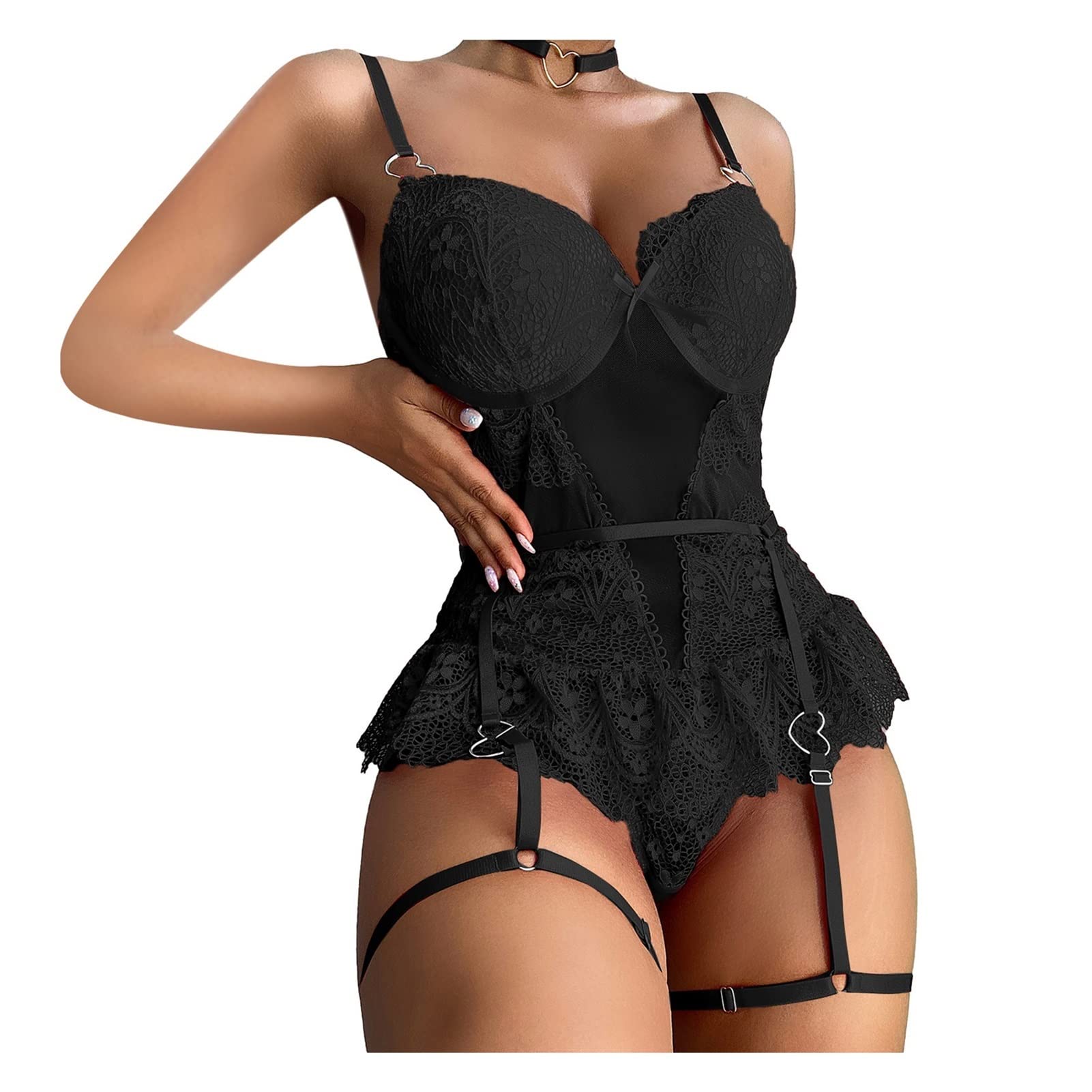 Sexy Lace Babydoll Bodysuit with Fishnet Stockings - Women's Erotic Lingerie Set for Valentine's Day & Romantic Nights (Color A, Size S)