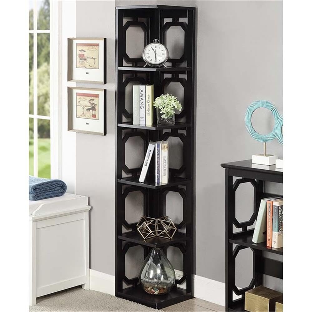 Convenience Concepts Omega 5-Tier Corner Bookcase in Black - Space-Saving Storage Solution for Living Room, Office & Bedroom