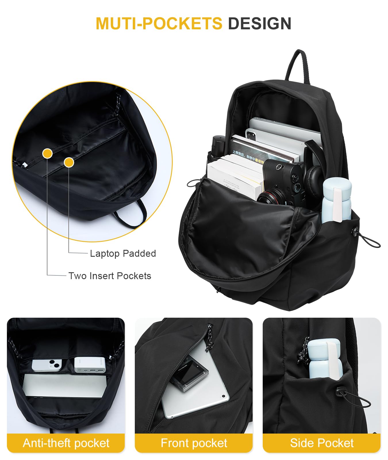 Waterproof Black Backpack for Laptop - Lightweight & Durable College Bookbag, Gym & Travel Daypack for Men & Women | Perfect for Work, School & Outdoor Adventures
