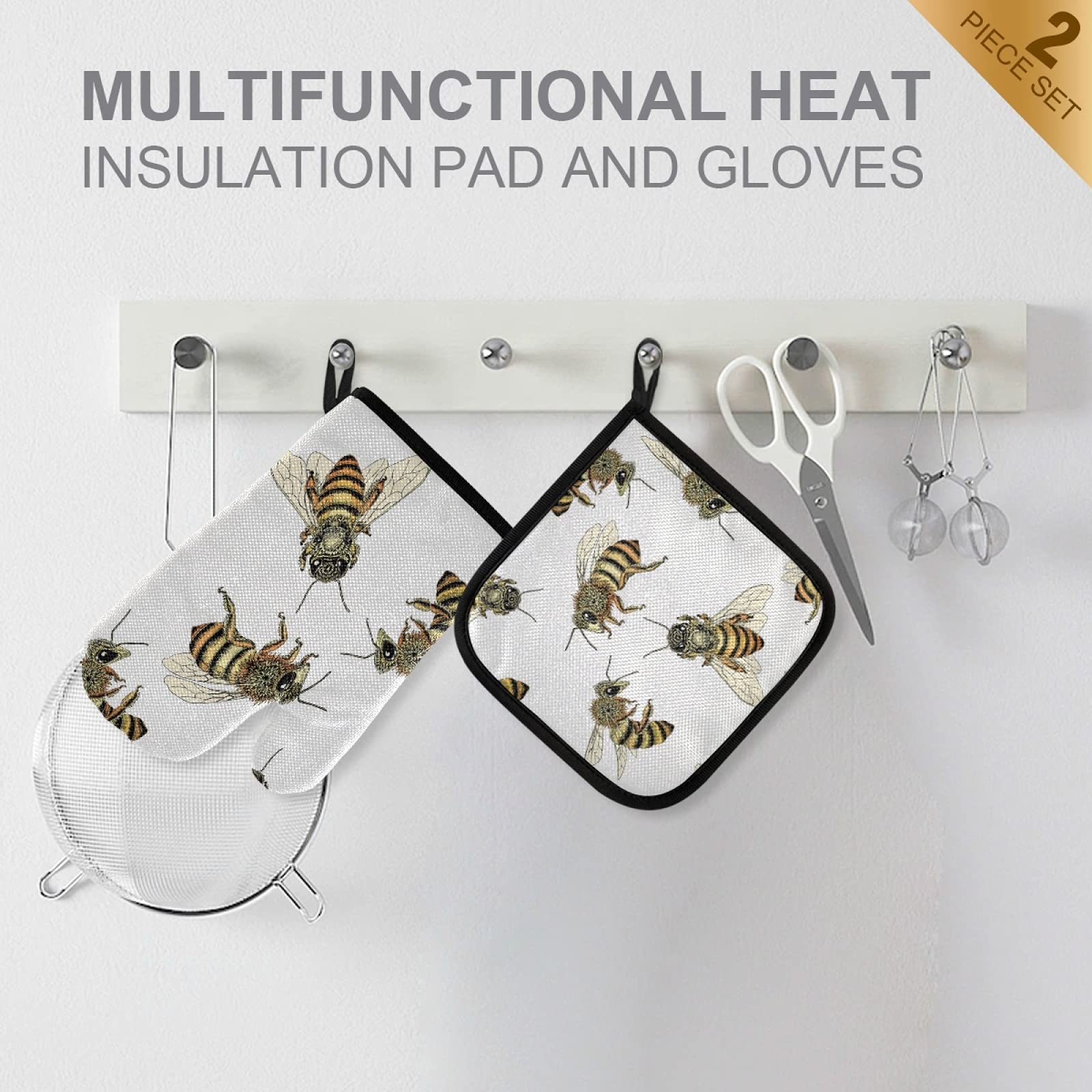 Poeticcity Humble Bees Honey Seamless White Oven Mitts & Pot Holders Set - Heat Resistant Kitchen Gloves for Cooking, Baking, Grilling & Microwave Use - Perfect for Home Chefs & BBQ Enthusiasts