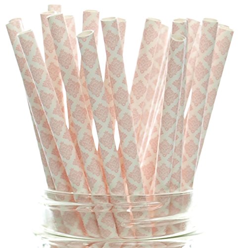 Elegant Light Pink Floral Damask Paper Straws (25 Pack) - Vintage Wedding, Baby Shower, Bridal Shower, Tea Party & Victorian Theme Party Supplies - Perfect for Birthday Celebrations, Bridal Showers, and Elegant Events
