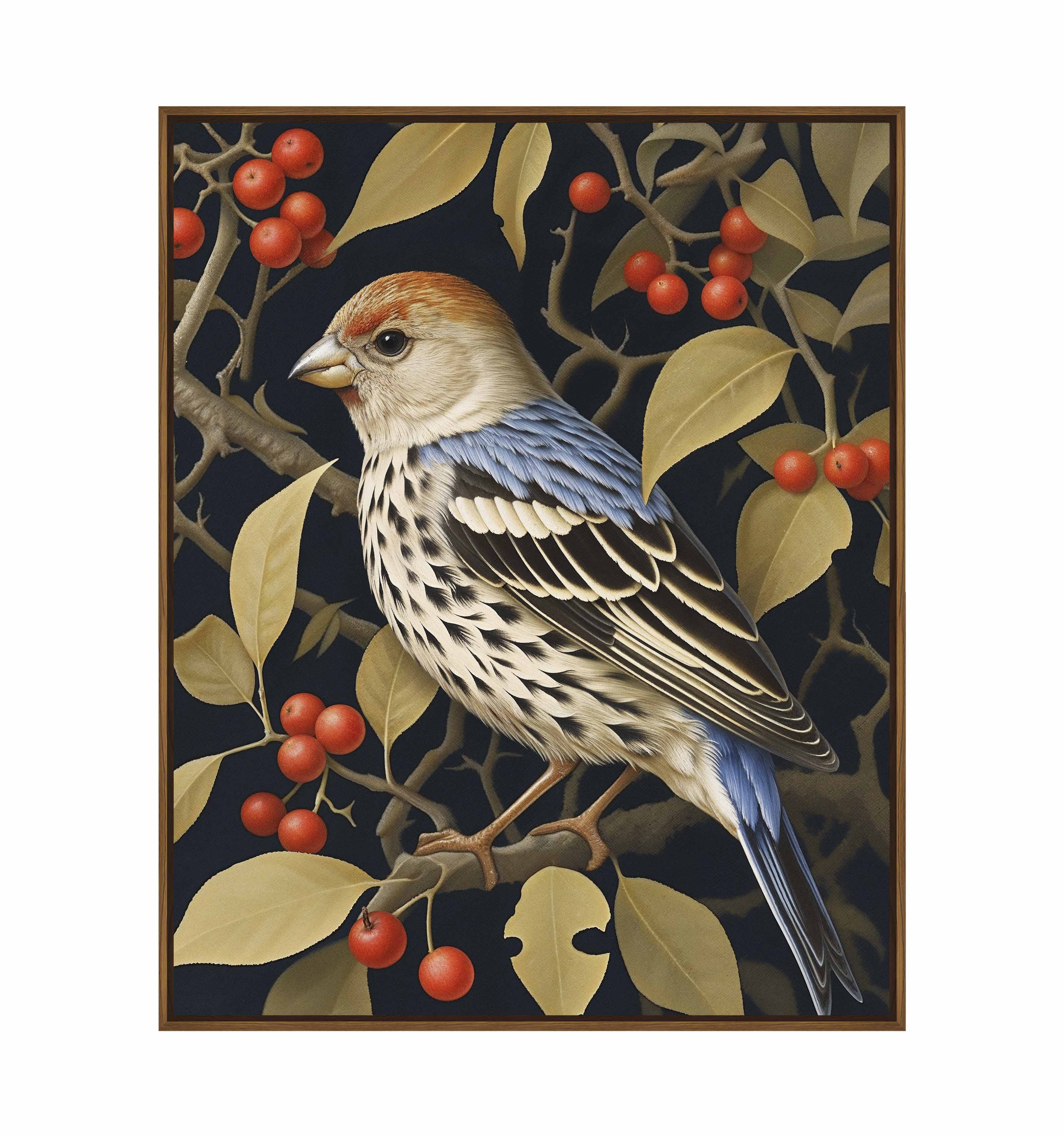 Autumn Sentinel Finch Amongst Berries Gallery Wrapped Canvas Wall Art - Vibrant Fall Decor for Living Room, Bedroom & Office