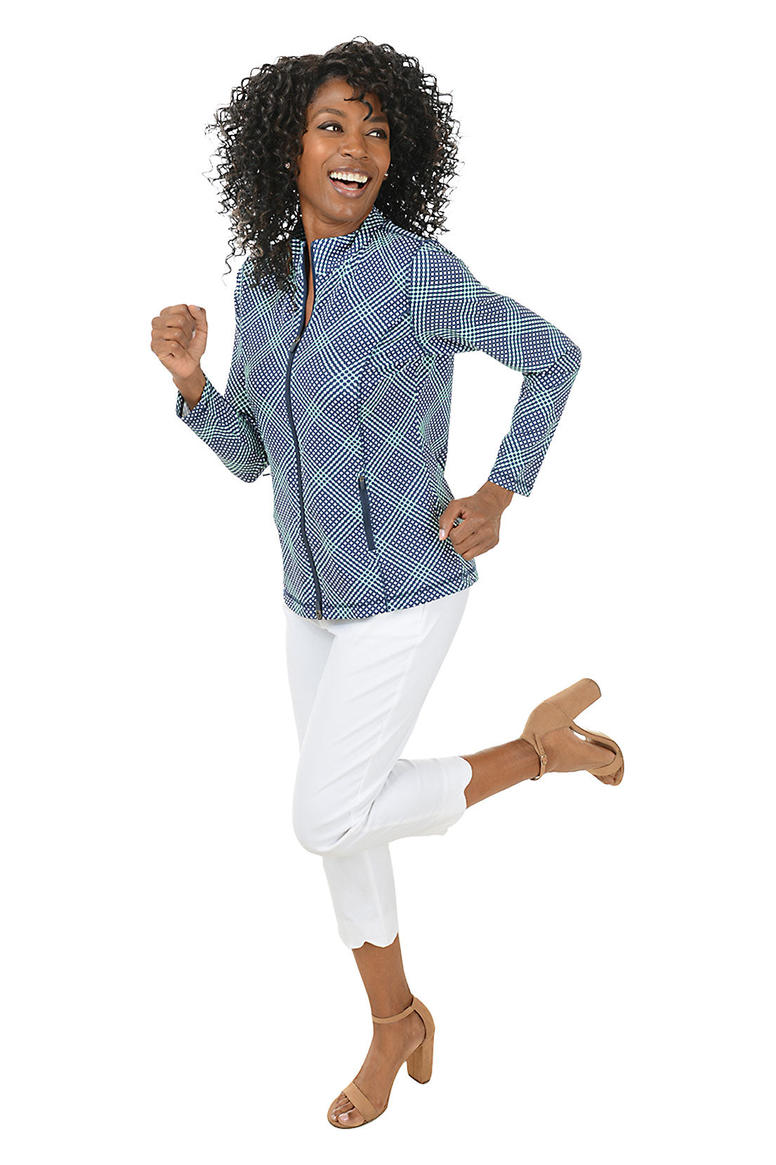 UPF50+ Navy Gingham Zip Front Sun Protection Jacket for Women - Perfect for Beach, Hiking & Outdoor Activities