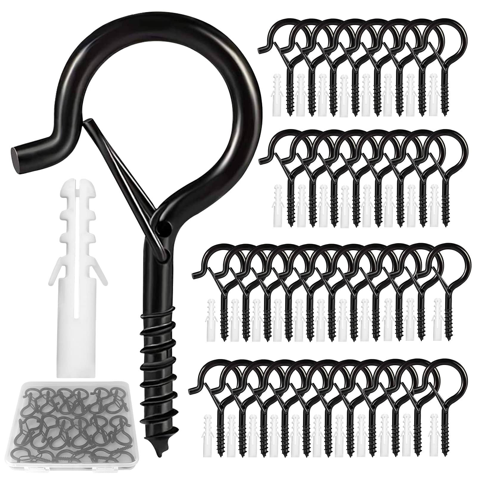 38 Pack Outdoor Ceiling Screw Hooks - Heavy Duty String Light Hangers for Indoor/Outdoor Use, Christmas Party Lights, Wind Chimes & Plants - Easy Release Safety Buckle Q Hooks | Perfect for Patio, Garden, Wedding & Holiday Decorations