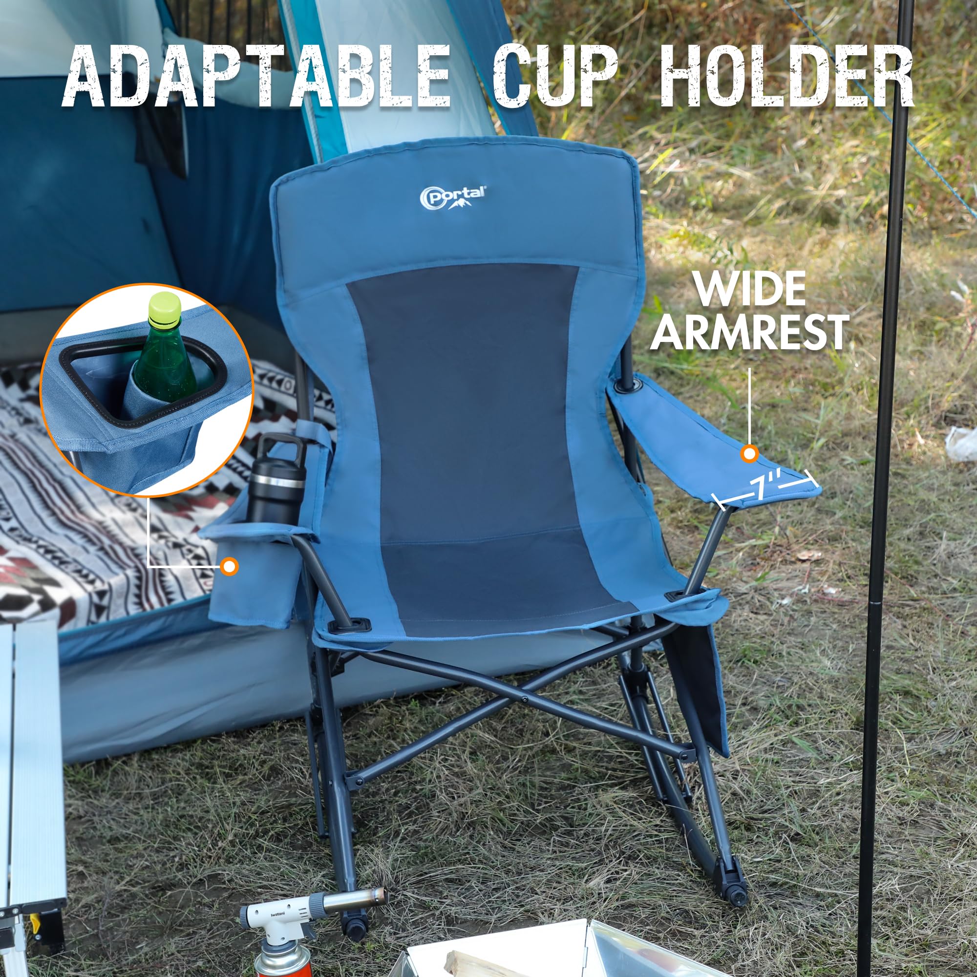 PORTAL Folding Camping Rocking Chair - Portable Outdoor Rocker with High Back, Cup Holder & Side Pocket - Includes Carry Bag - Supports 300 lbs - Perfect for Camping, Beach, Backyard & Patio Relaxation